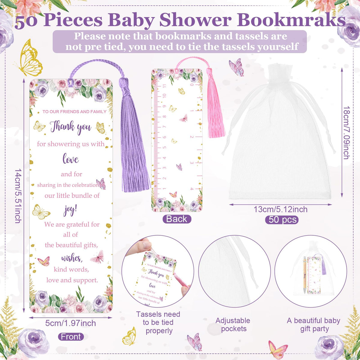 Gilprop 50 Set Baby Shower Favor for Guest Ballpoint Pen Bookmark Butterfly