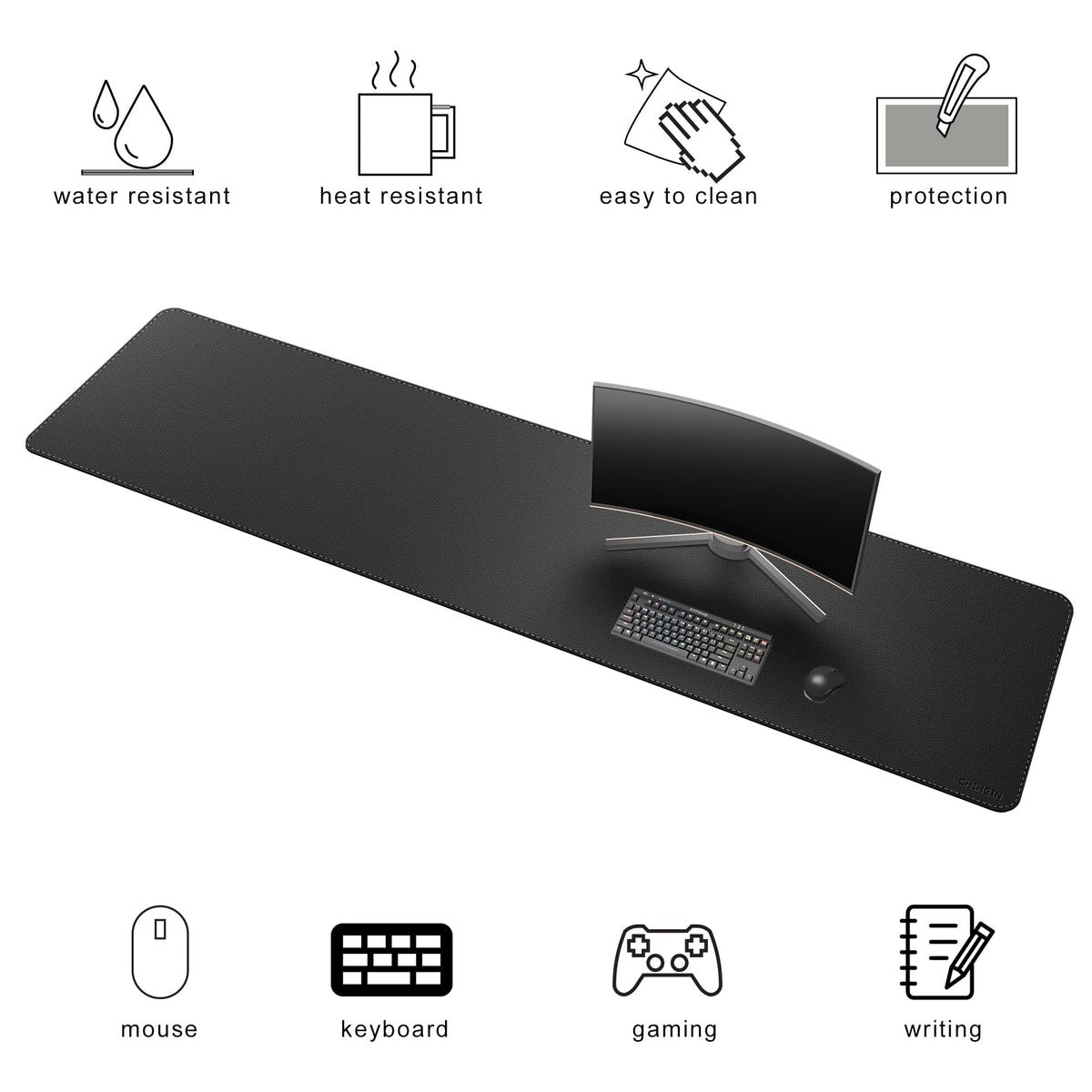 Chihein 79" x 20" 5XL PU Leather Desk Mat (Black), Huge Mouse Pad, Dual Sided Desk Pad Protector