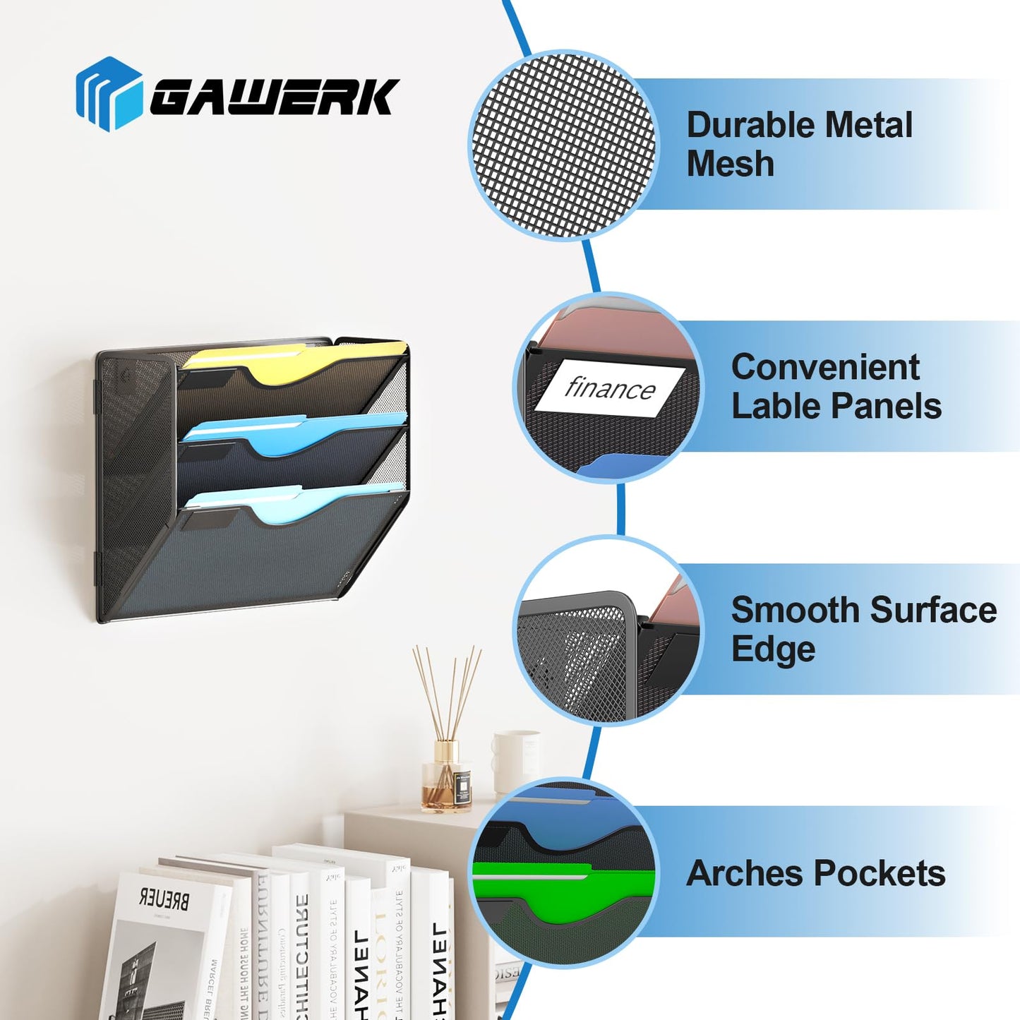 Gawerk 3 Tier Hanging Wall File Organizer, Mesh Mail Paper Orgnization Hanging File Folder Holder