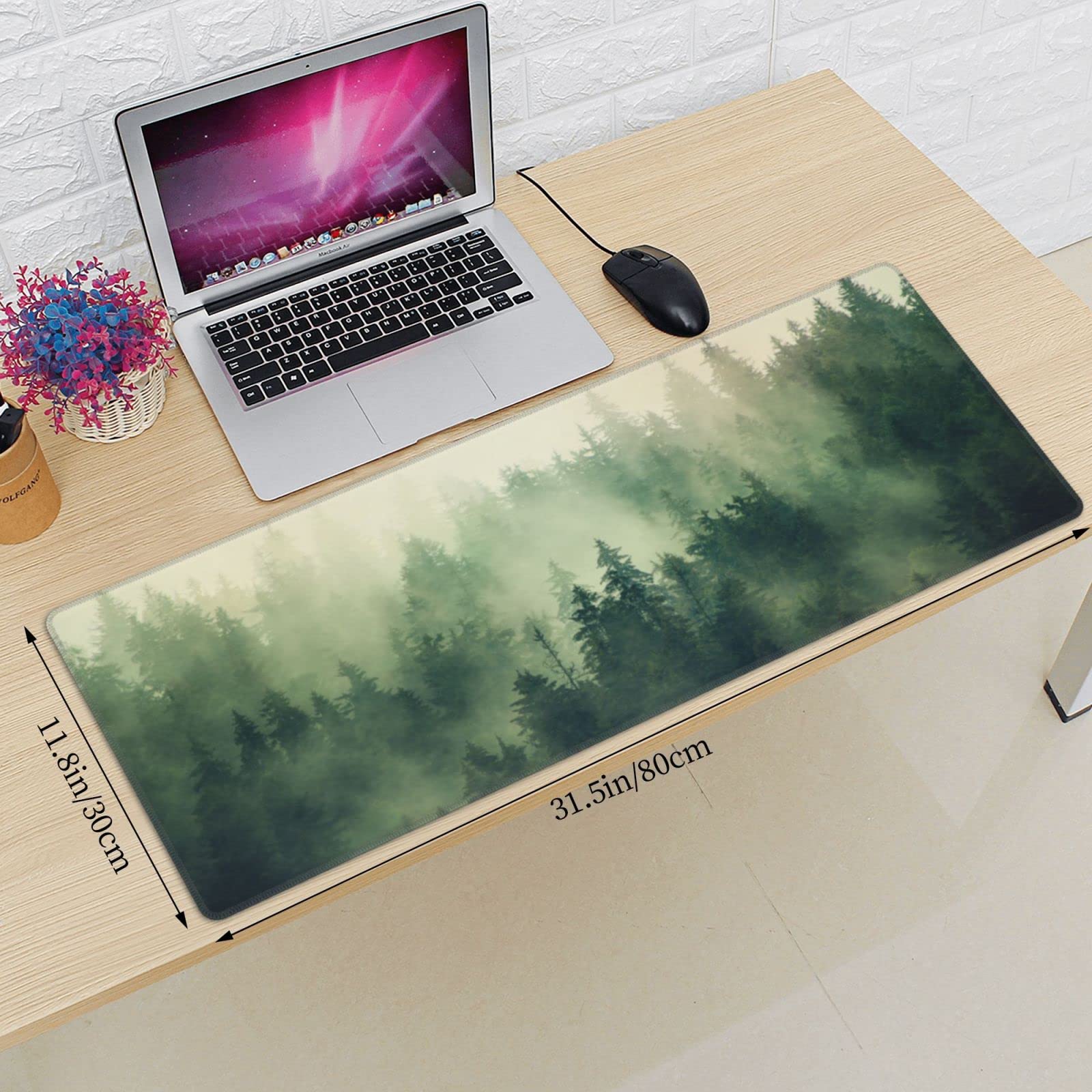 Green Forest Pine Fog Mountain Tree XXL XL Large Gaming Mouse Pad for Desk, Non-Slip Long Extended