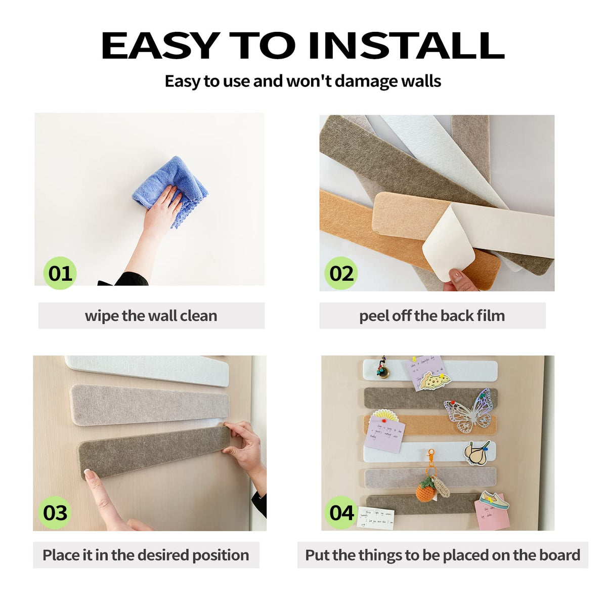 8 Packs Felt Pin Board Bar Strips Bulletin Board，Notice Board Self Adhesive Cork Board with 35 Push