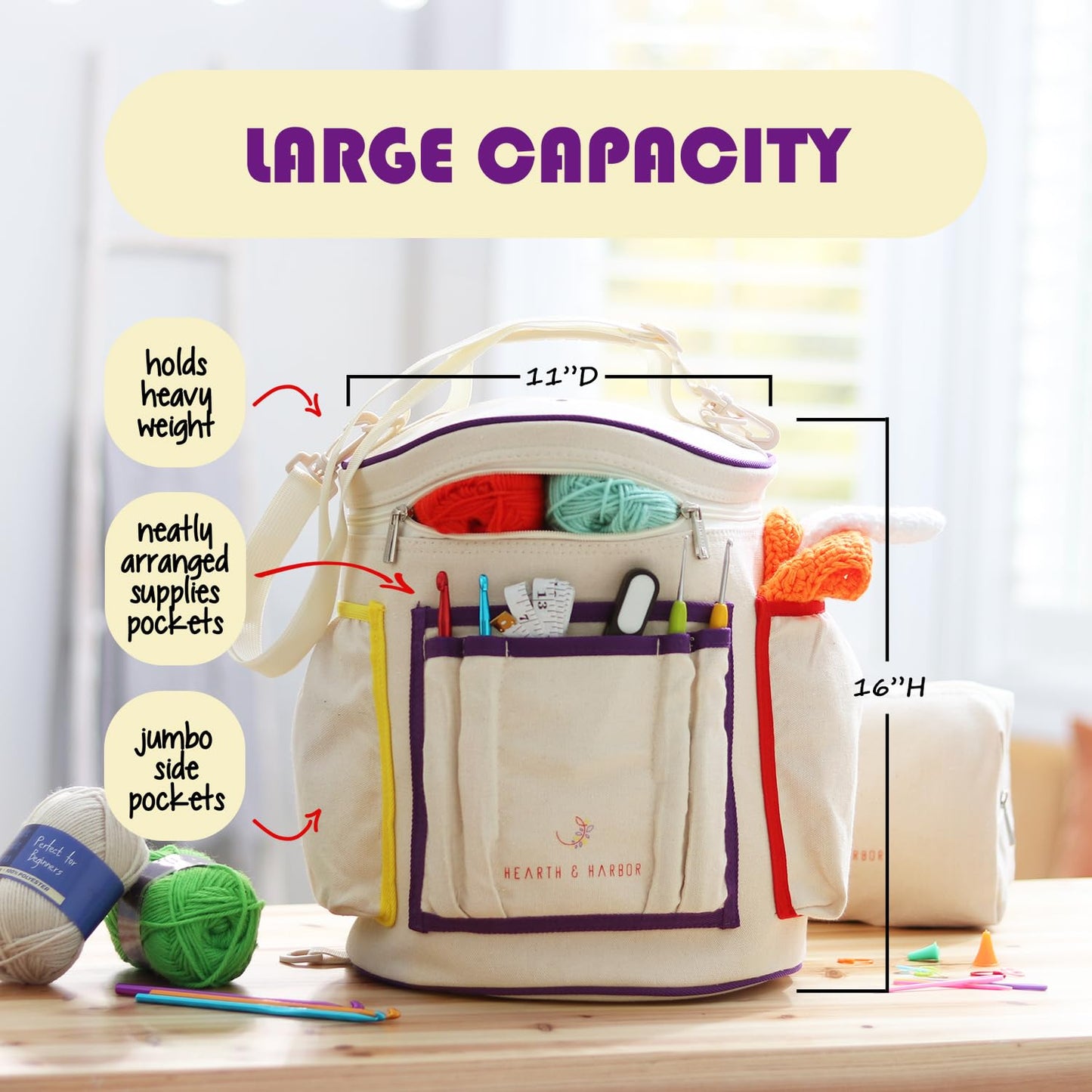 Hearth & Harbor Crochet Bag Organizer – Durable Knitting Bag, Yarn Organizer for Accessories and