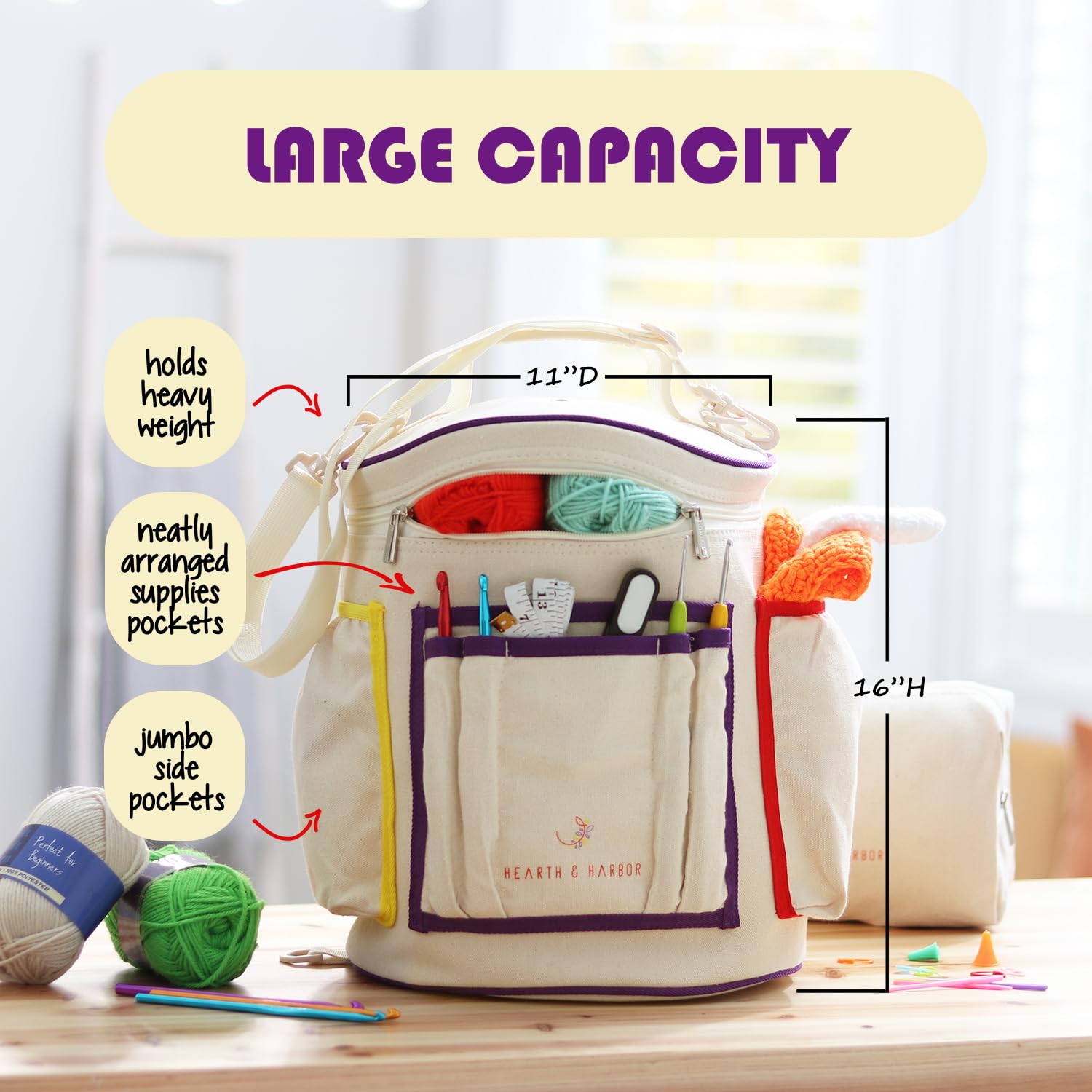 Hearth & Harbor Crochet Bag Organizer – Durable Knitting Bag, Yarn Organizer for Accessories and