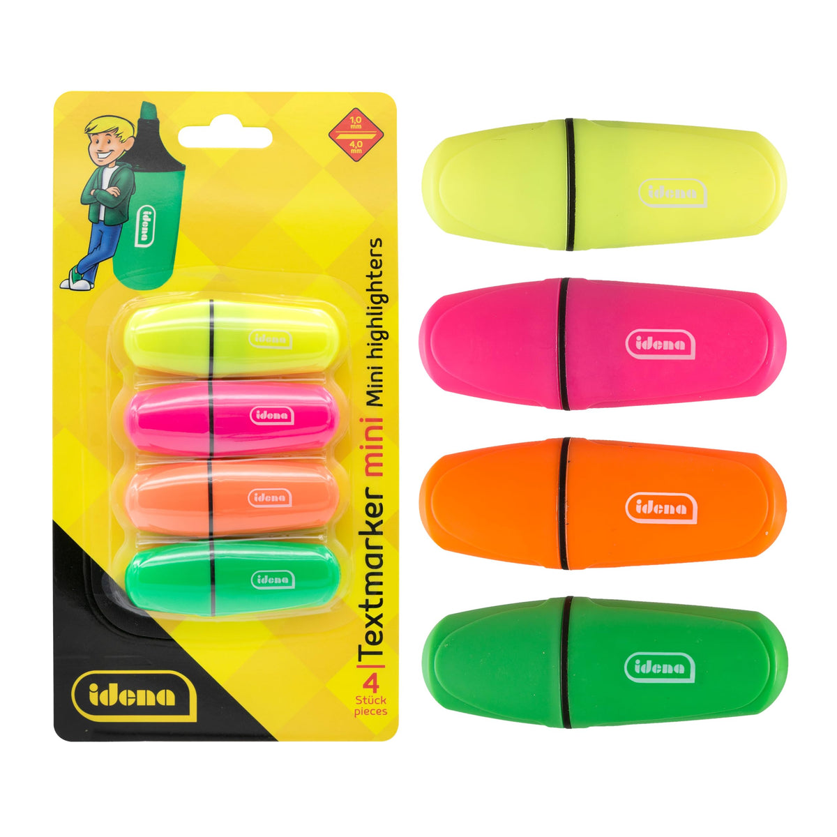 Idena 12081 Mini Highlighter in 4 Colours Yellow, Pink, Orange and Green