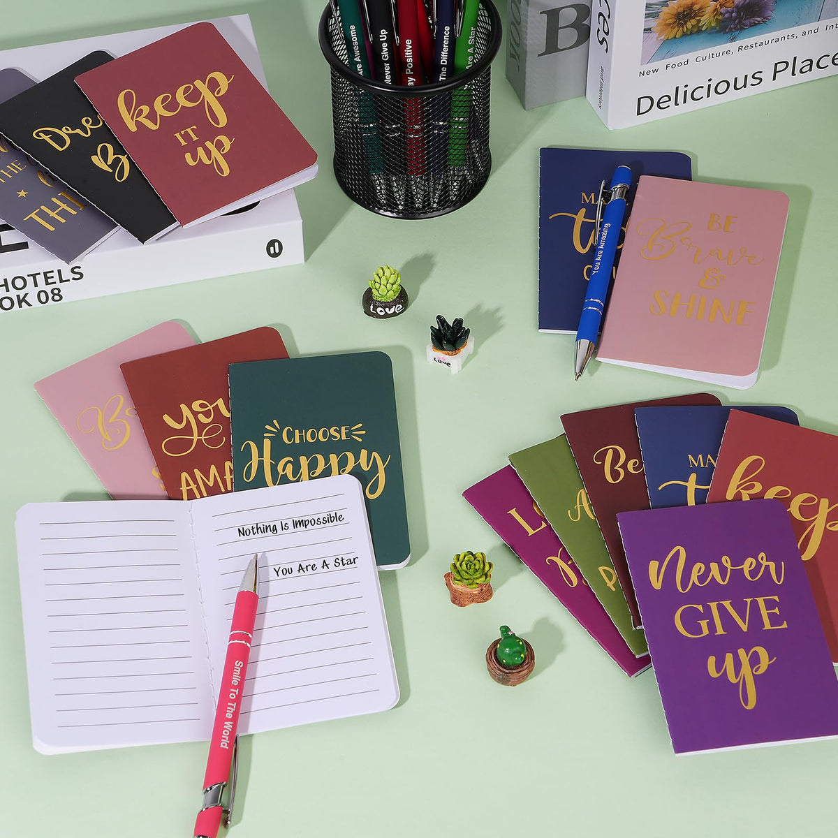 96 Pcs Bulk Motivational Pens Inspirational Notepads Set, Small Pocket Motivational Quote Notebooks