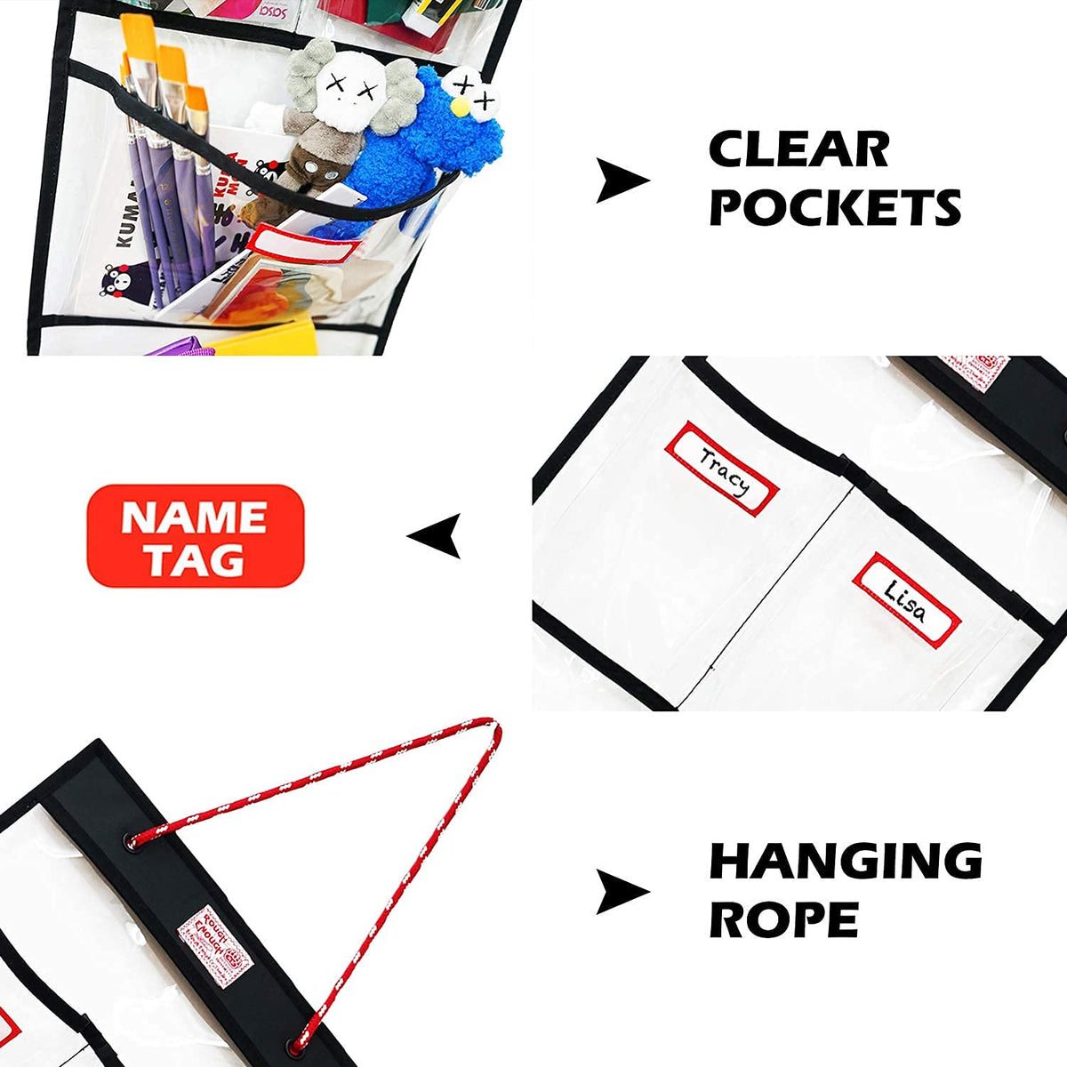 Rough Enough Locker Organizer, 4 Pockets Hanging for Gym Work Wall, Clear