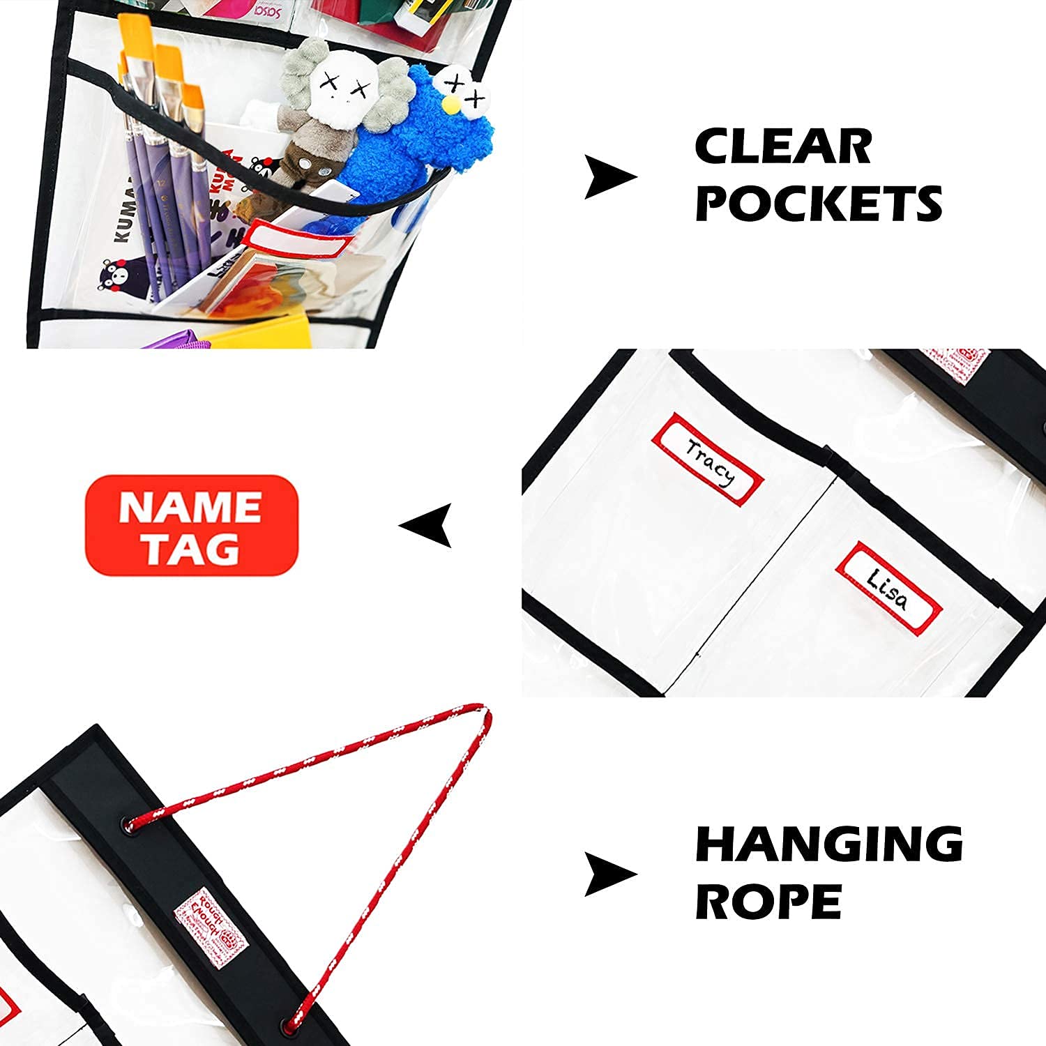 Rough Enough Locker Organizer, 4 Pockets Hanging for Gym Work Wall, Clear