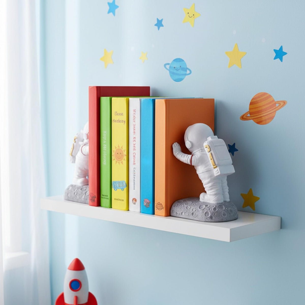 Joyvano Astronaut Bookends - Space Decor for Kids Rooms & Home Office - Heavy Duty Book Holders
