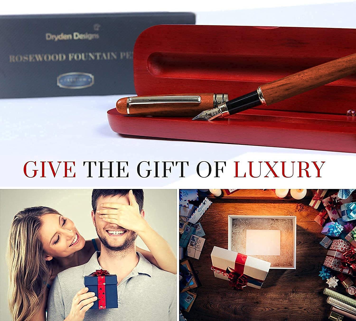 Dryden Designs Luxury Rosewood Fountain Pen with Ink Refill Converter and Gift Case - Smooth &
