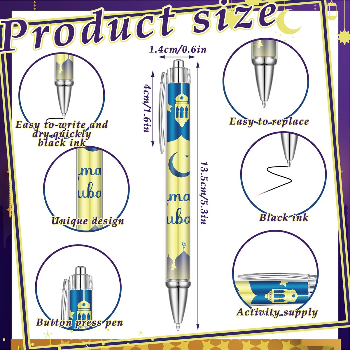 Weekgrat 48 Pcs Eid Mubarak Ballpoint Pens Ramadan Mubarak Party Favor Gifts Black Ink Retractable