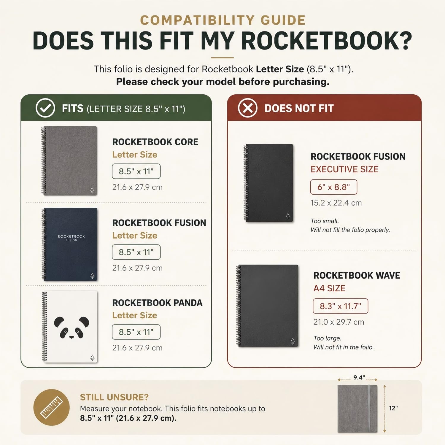 Folio Cover for Rocketbook Letter Size, Trifold Waterproof Notebook Case