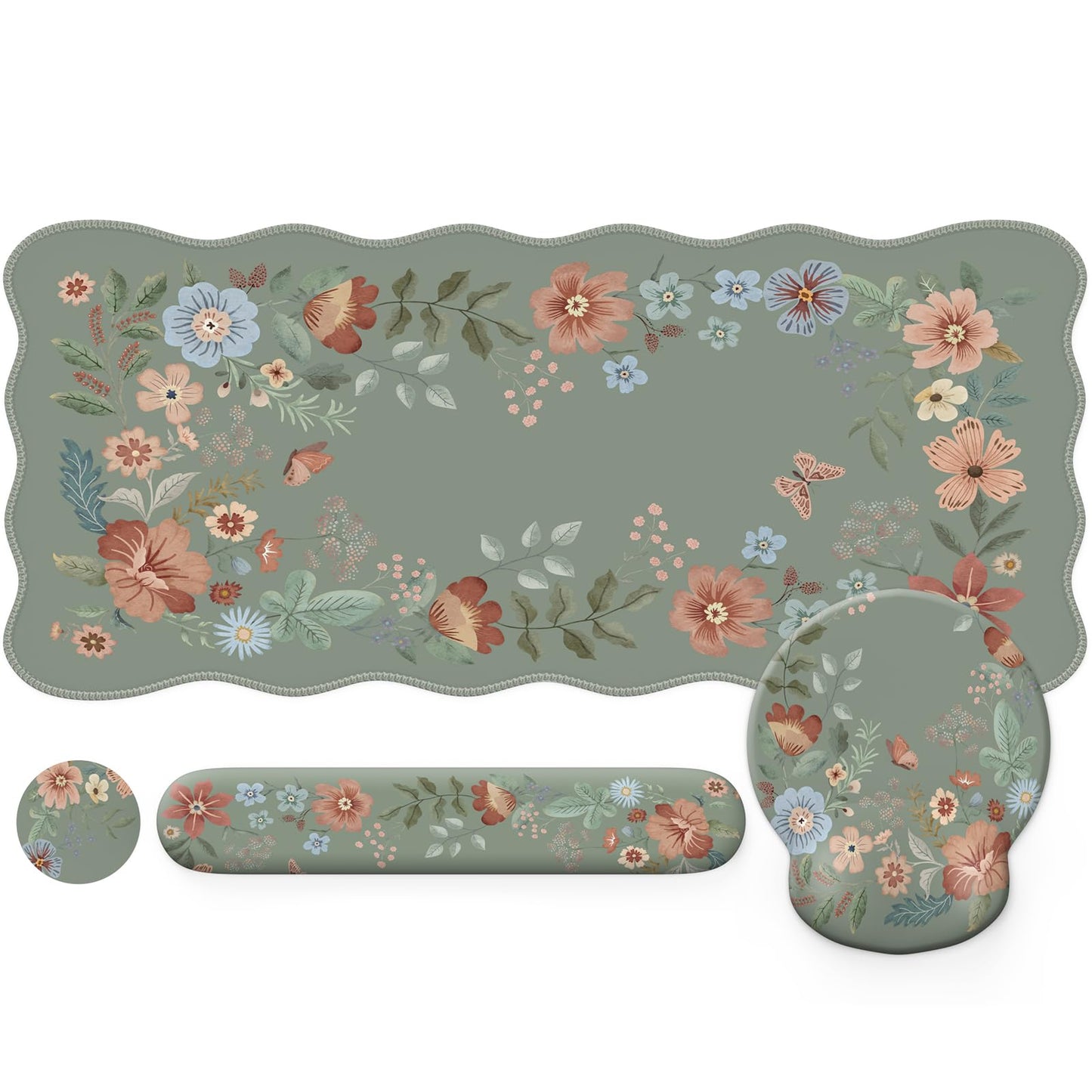 iLeadon Mouse Pad Set and Keyboard Wrist Rest, Floral Scalloped Desk Mat