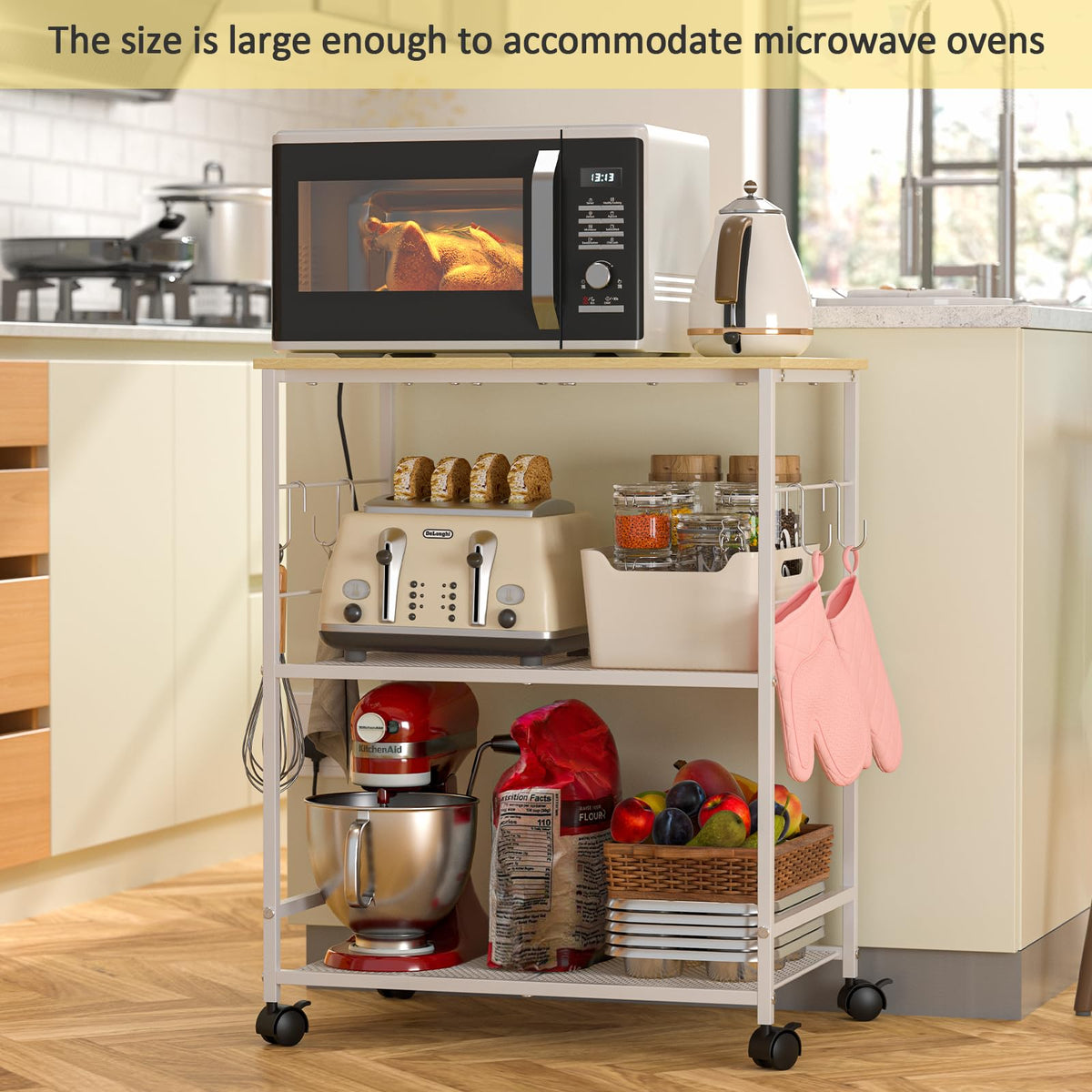 ThreeHio Rolling Kitchen Microwave Cart, 3 Tier Microwave Table Stand with Storage, Kitchen Utility