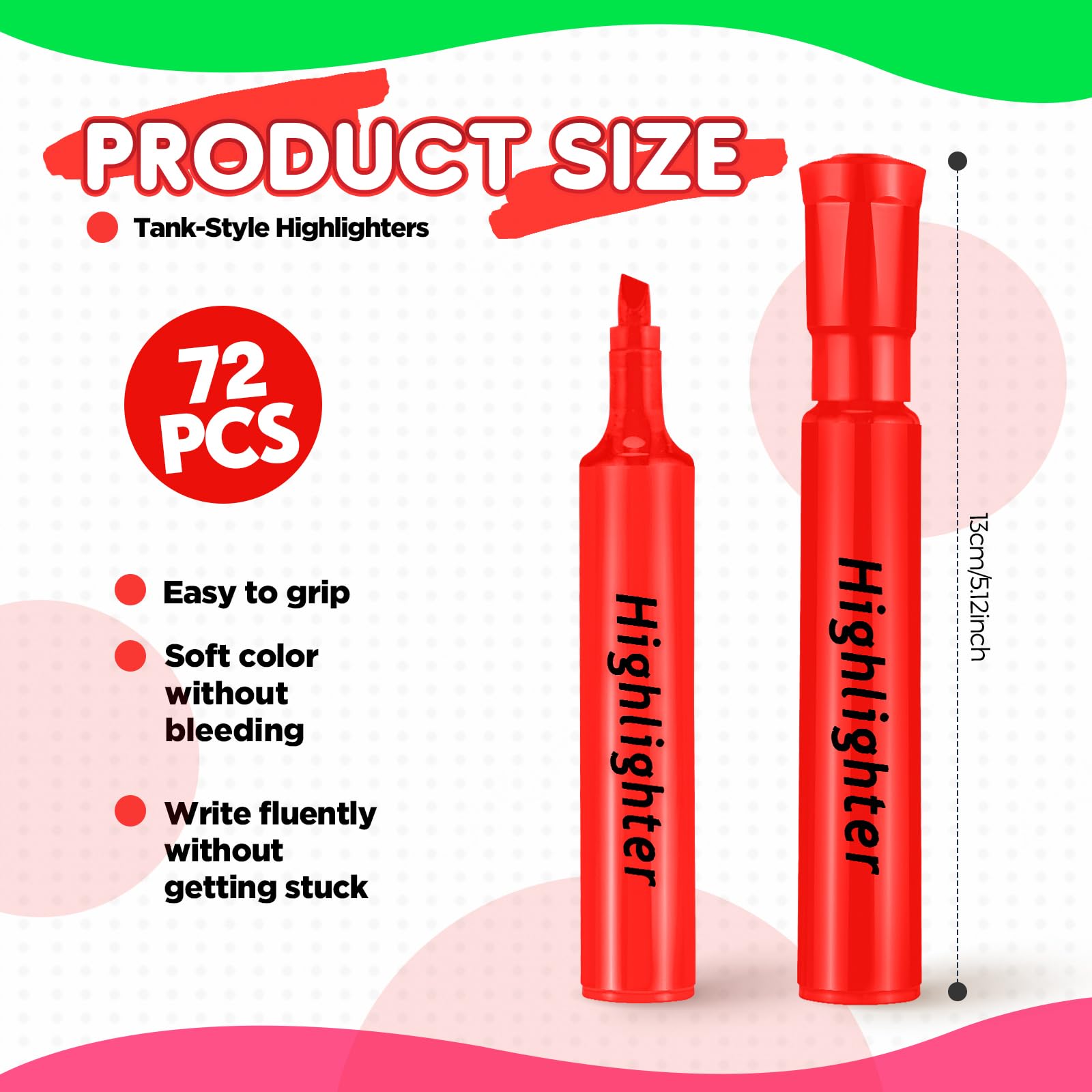 Qilery 72 Pack Tank Highlighters Bulk, Chisel Tip Markers,Red