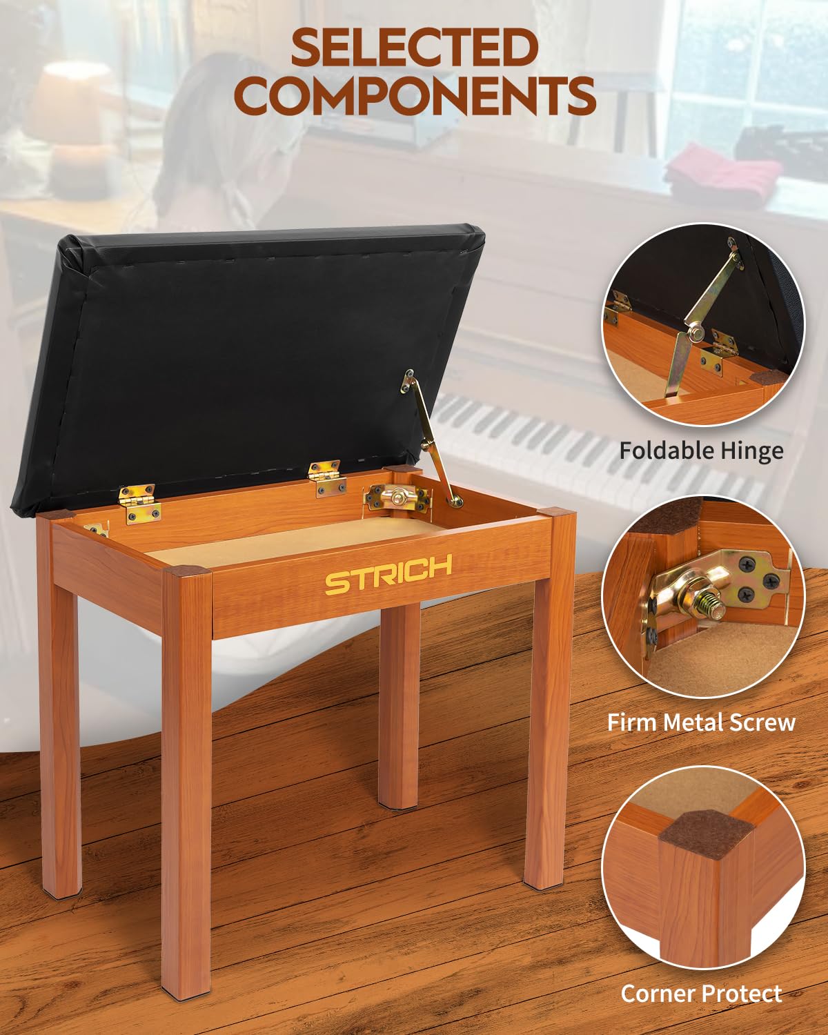 STRICH Piano Bench with Storage, Solid Wood Keyboard Bench Piano Bookcase Stool Chair Seat with