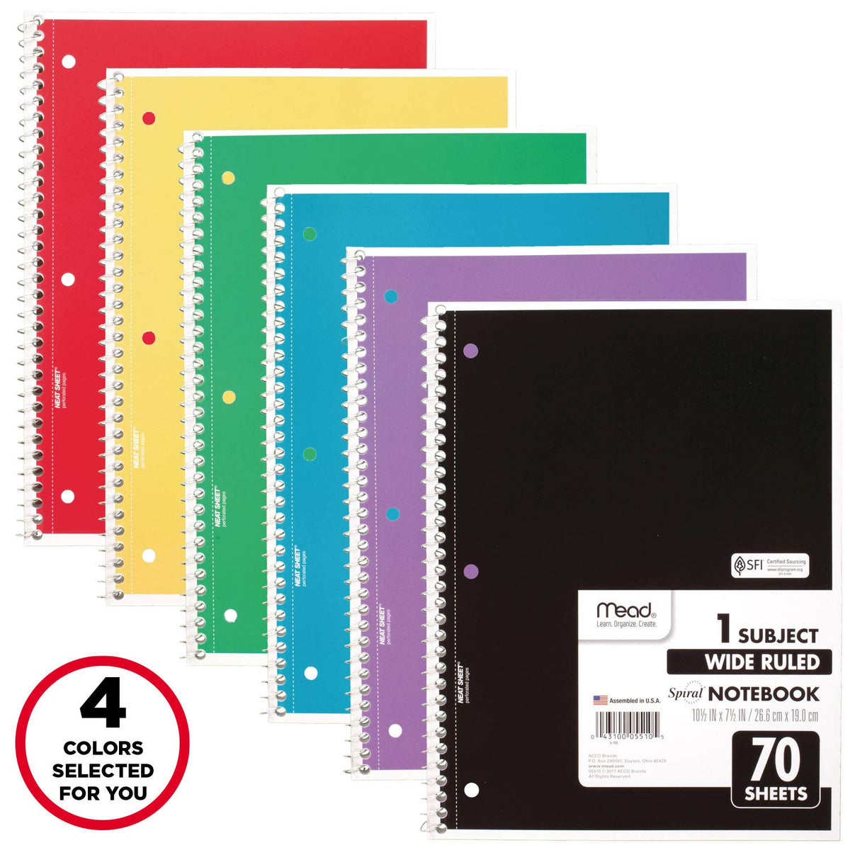 Mead Spiral Notebook, 4 Pack, 1 Subject, Wide Ruled Paper, 7-1/2" x 10-1/2", 70 Sheets per