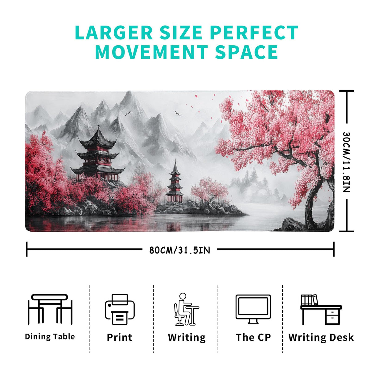 Retro Cherry Blossoms Mouse Pad 31.5x11.8 Inch White Full Desk Japanese Mousepad Extended Large