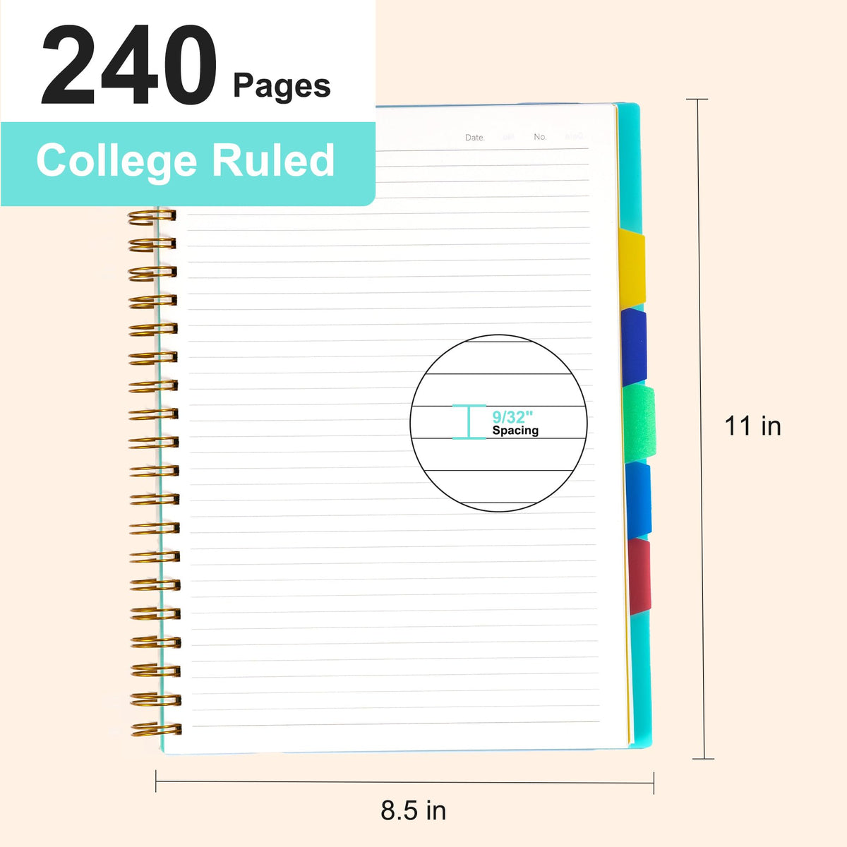 Yoment 5 Subject Notebook 8.5 x 11 Large Spiral Notebook with Dividers