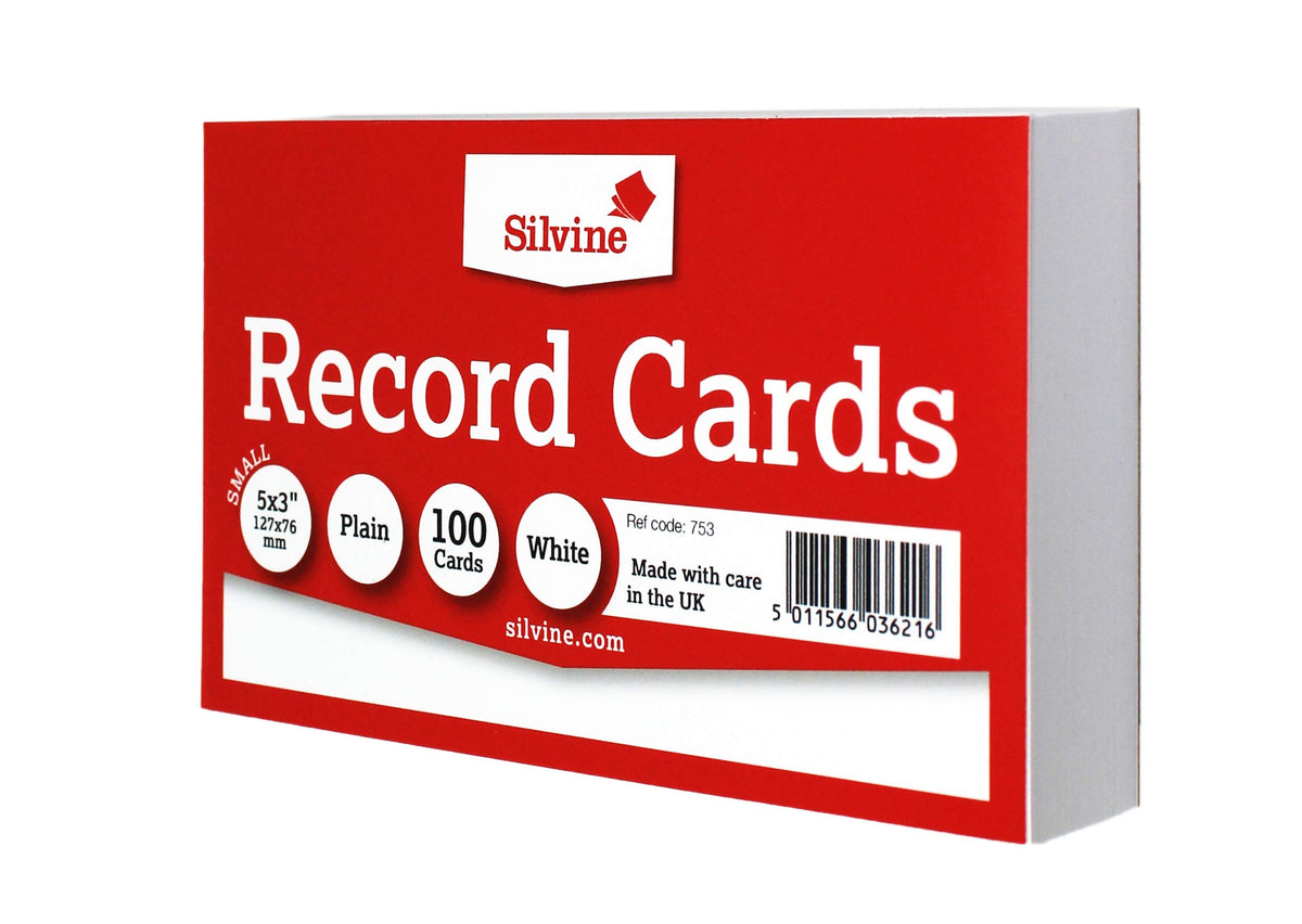 Silvine 5x3 White Record Cards - Plain, 100 Cards Per Pack. Ref 753 (127 x 76mm)