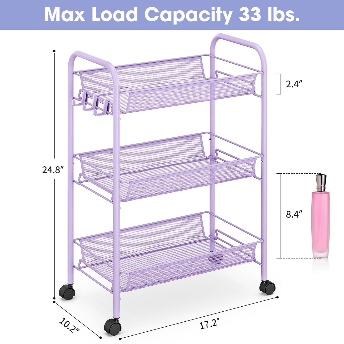 TOOLF 3 Tier Rolling Cart, Metal Utility Storage Cart with Wheels, Purple
