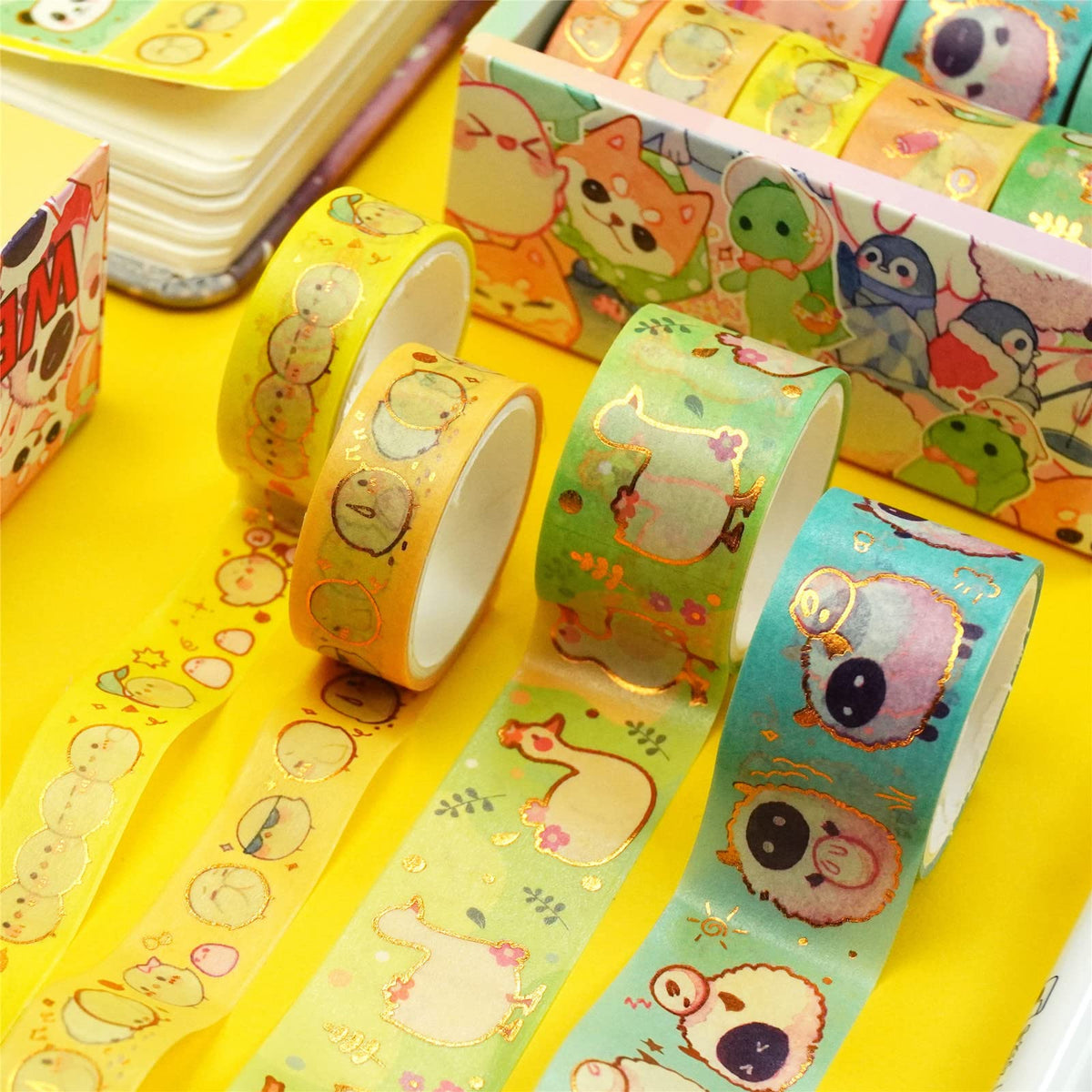 YUBX Cute Pets Washi Tape Set 13 Rolls Wide Gold Embellishment Decorative Masking Tapes for Arts