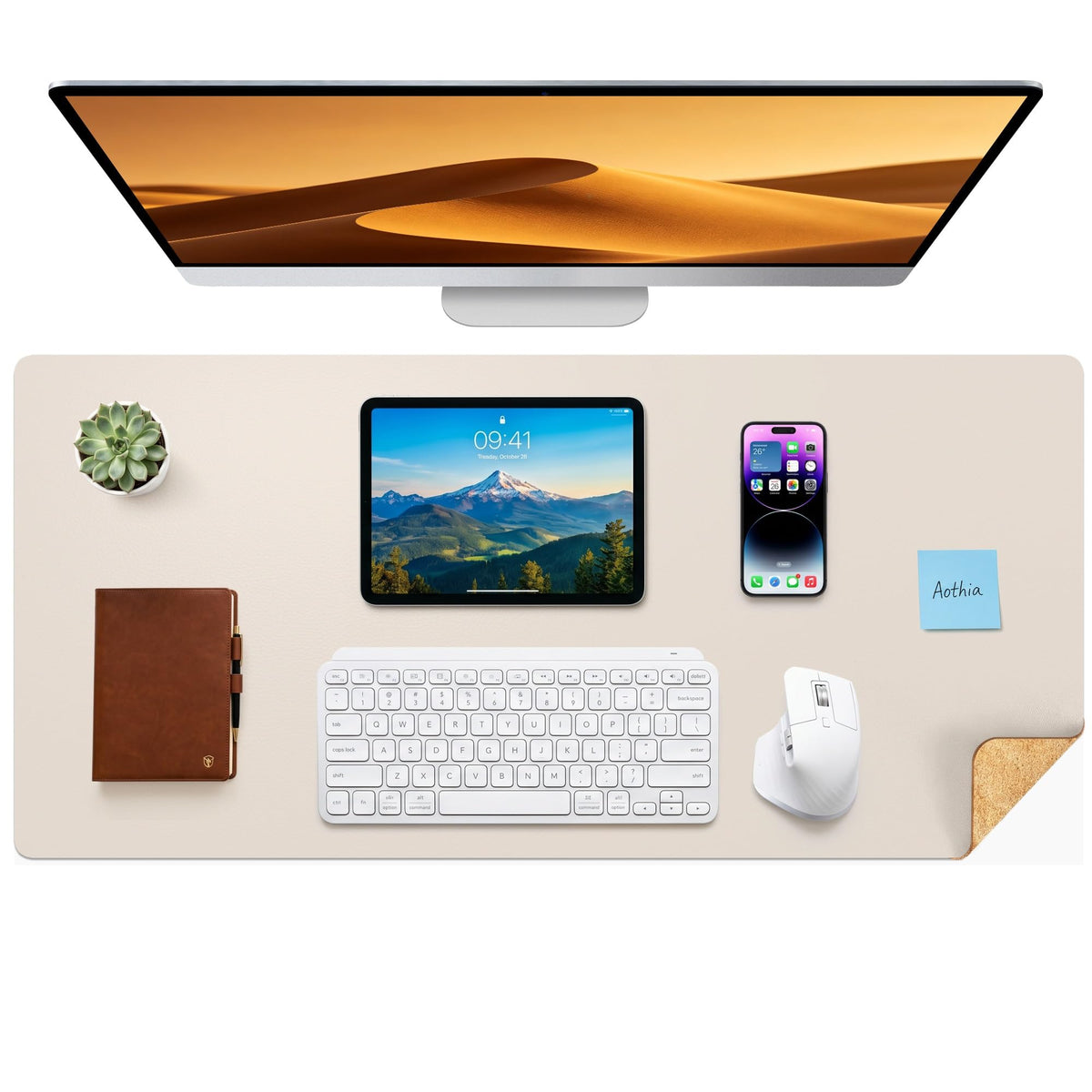 Aothia Dual-Sided Desk Mat, FSC Cork & PU Leather Desk Pad, Large Mouse Pad & Writing Surface for
