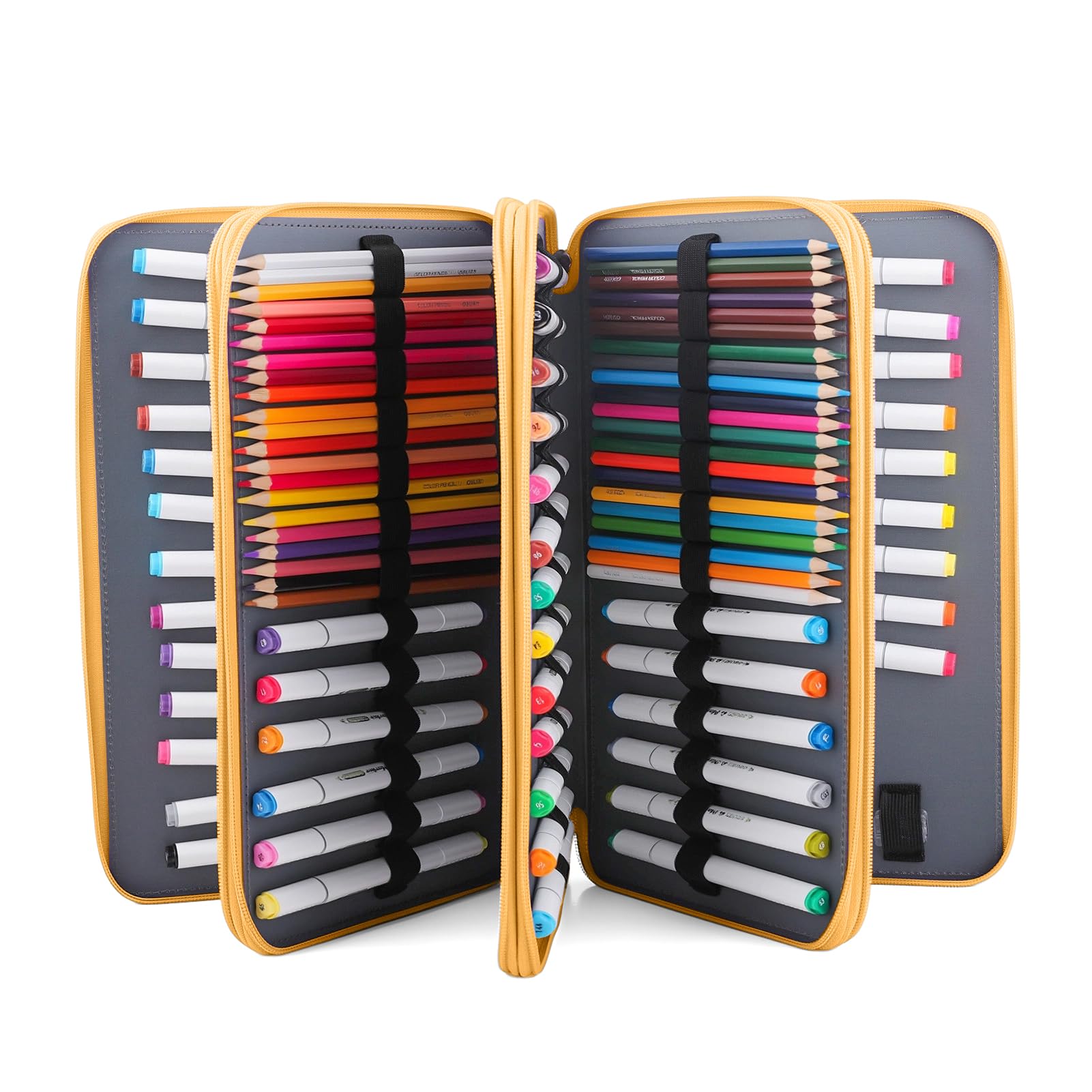 Vomgomfom 300 Slots Marker Case 4-Layer PU Leather, Handle, Yellow Flower