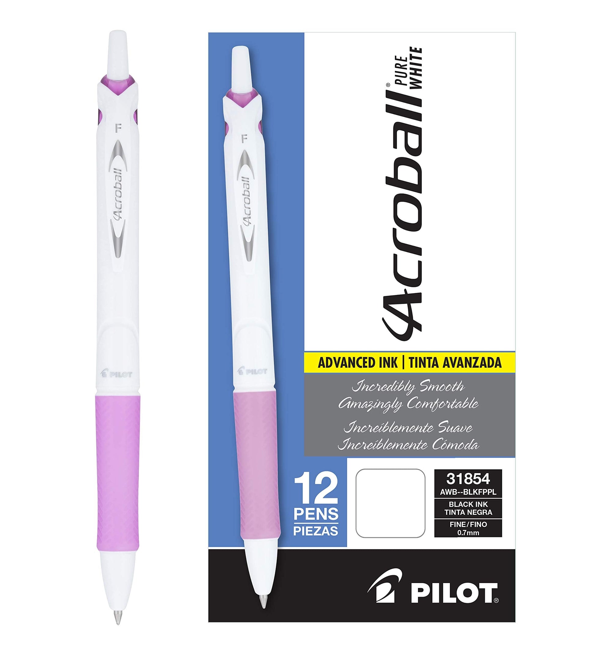 PILOT Acroball PureWhite Advanced Ink Ball Point Pens, 0.7mm, 12-Pack