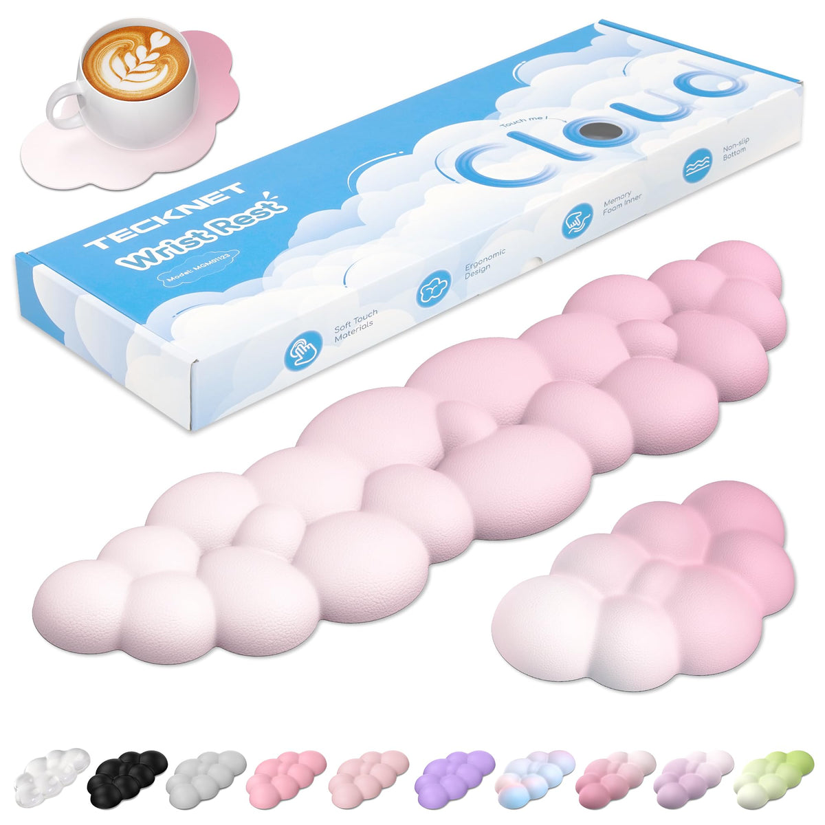 TECKNET Cloud Keyboard Wrist Rest Set, Cloud Wrist Rest with Non-Slip Base, PU Leather Wrist Pad