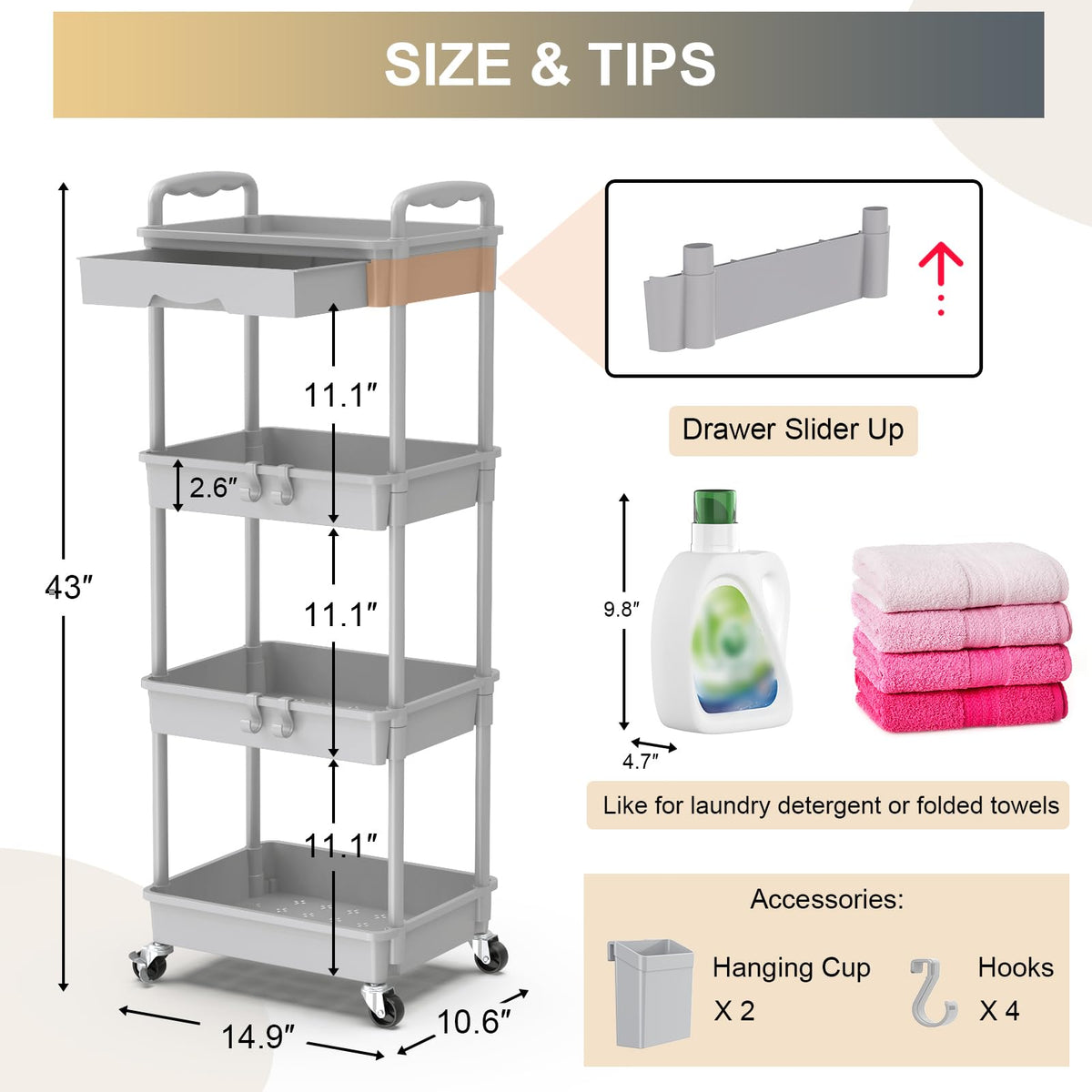 Goovilla 4 Tier Rolling Utility Cart Organizer with Removable Drawer, Grey