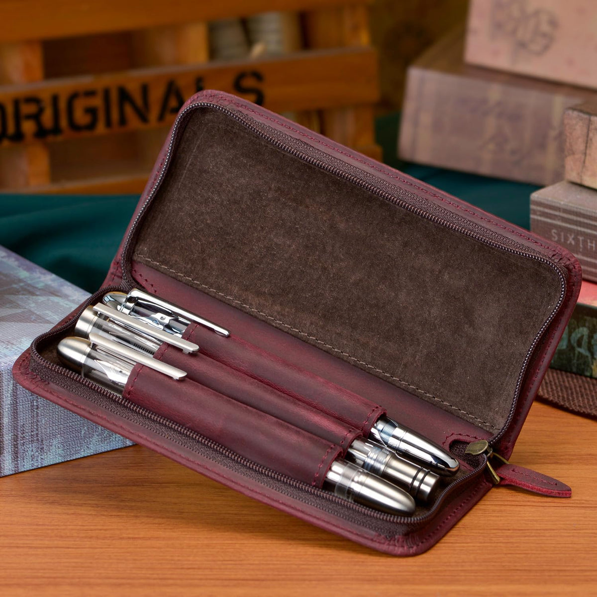Asvine Fountain Pen Case 3 Divided Slots Crazy Horse Leather Pen Holder, Handmade Display Zippered