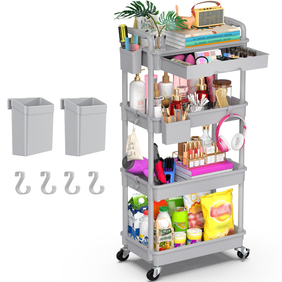 Goovilla 4 Tier Rolling Utility Cart Organizer with Removable Drawer, Grey