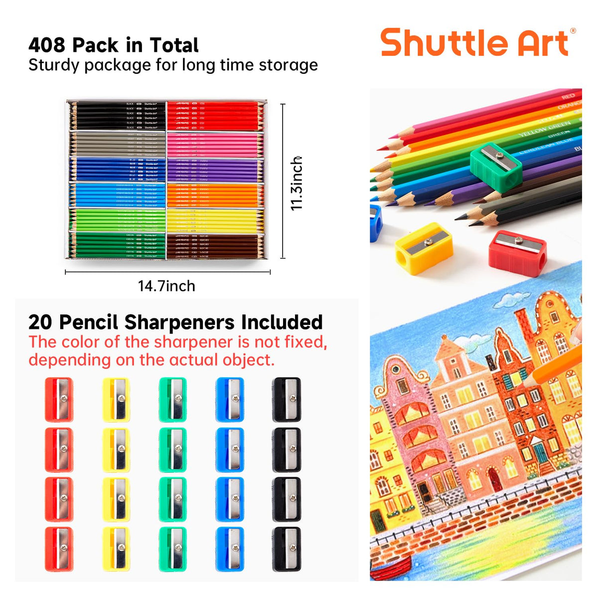 Shuttle Art Colored Pencils Bulk, 408 Pack Coloring Pencil Set Plus 20 Sharpeners, 12 Assorted