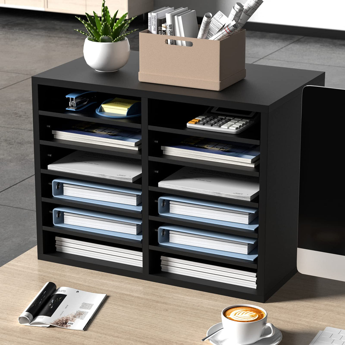 VEVOR Literature Organizers, 12 Compartments Office Mailbox with Adjustable Shelves，Wood Literature