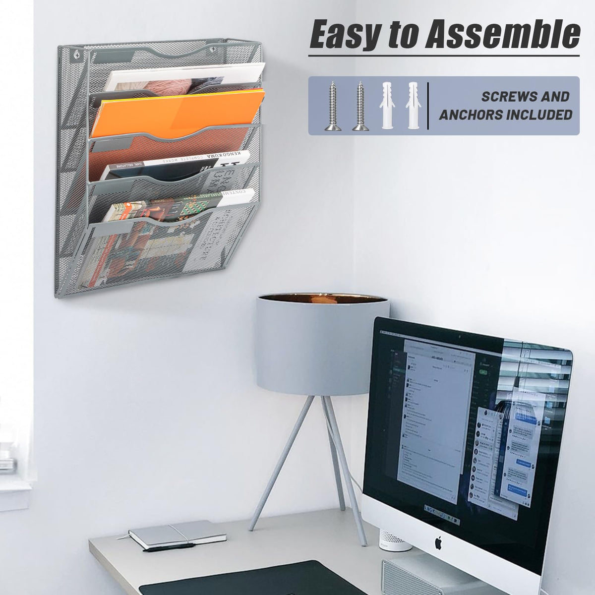 EASEPRES 5 Pocket Mesh Hanging Wall File Organizer, Wall Mounted Mail Paper Document Folder Holder