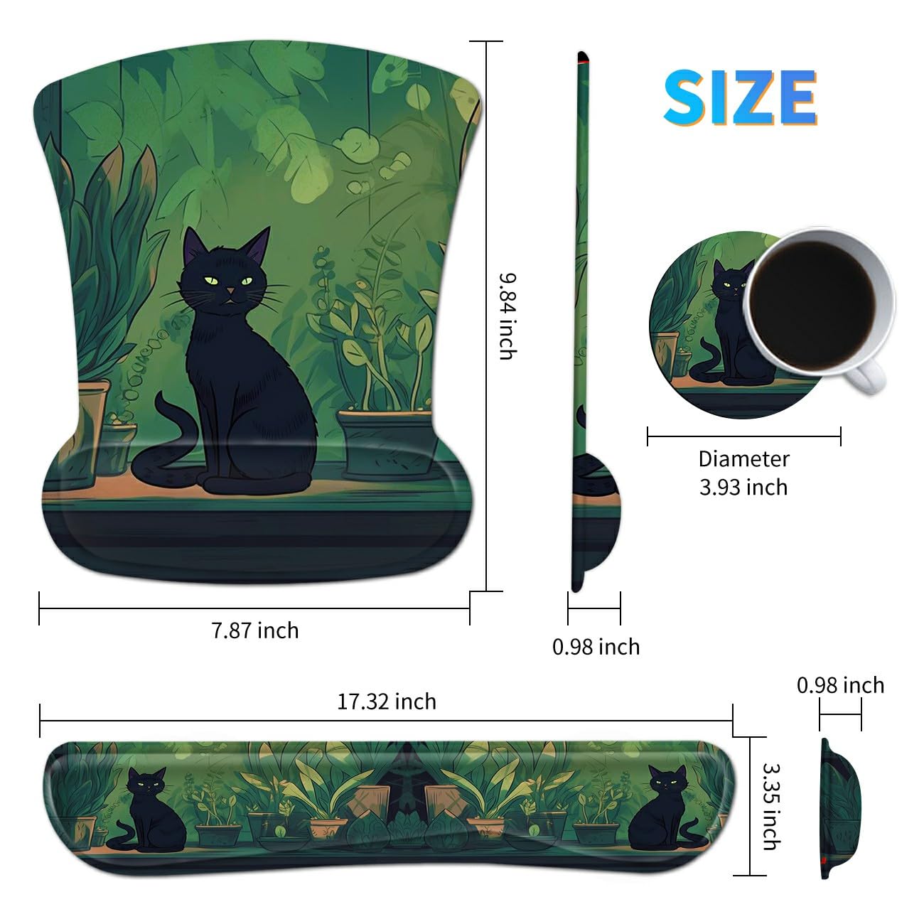 3Pcs Ergonomic Memory Foam Keyboard Wrist Rest Pad Set, Black Cat Leaf