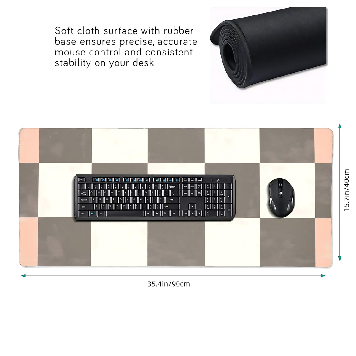 Cute Aesthetic Checkered Gaming Mouse Pad, Pastel Boho Desk Mat with Anti-Slip Base & Stitched
