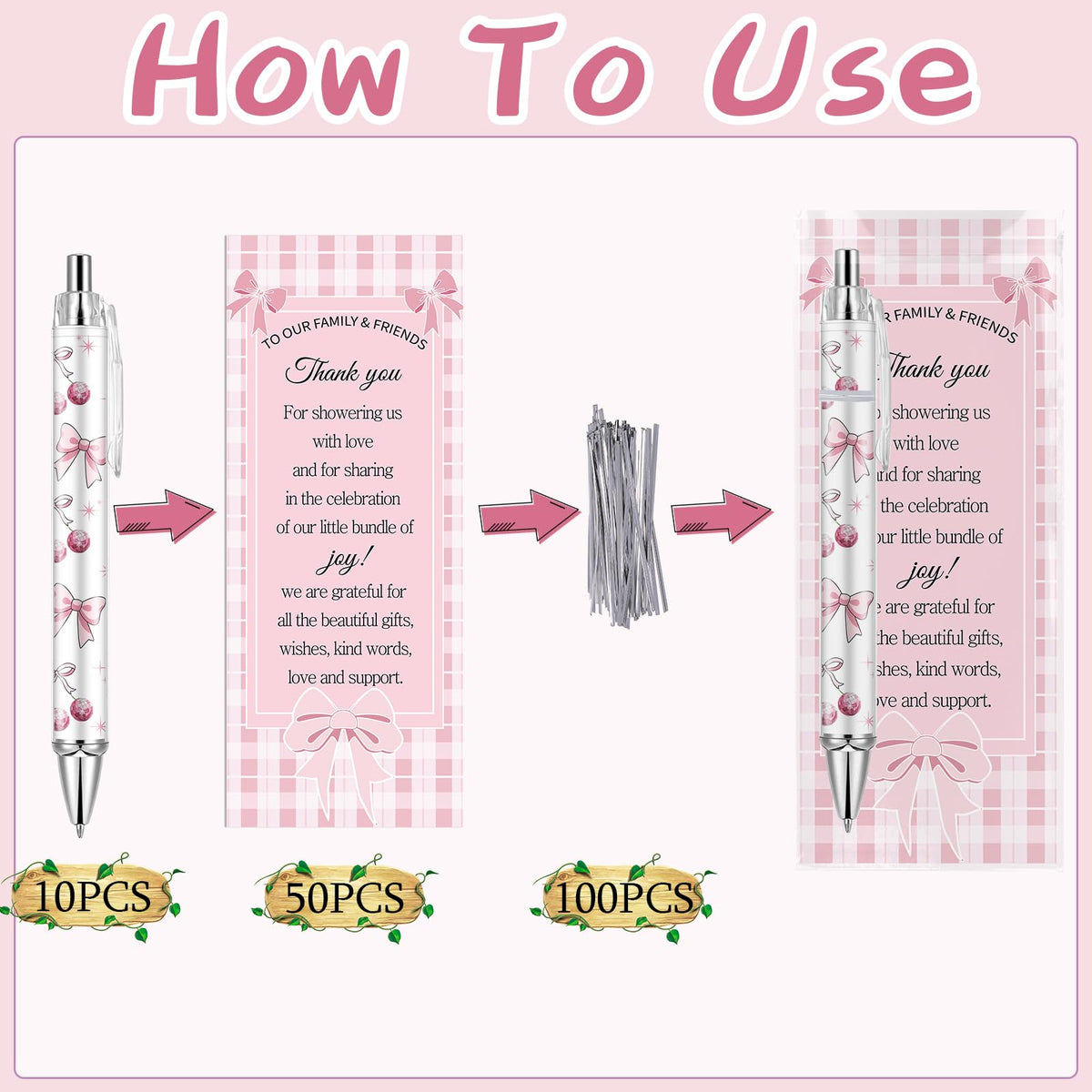 Lebsitey 50 Sets Pink Bow Baby Shower Favors for Guests Coquette Bow Pens