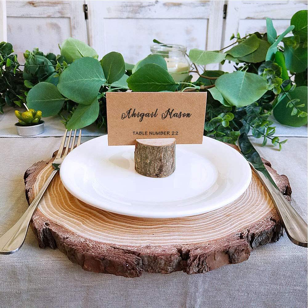 whatUneed 40 Sets Place Card Holders, Rustic Real Wood with Wooden Bark Table Card Holder, Number