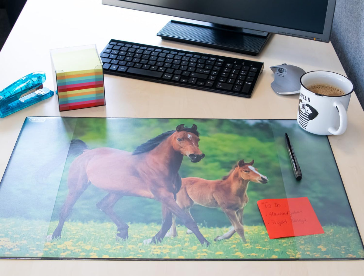 Idena 10454 Desk Mat with Two Pockets, Horse, Approx. 58.5 x 38.5 cm, Practical Accessory for
