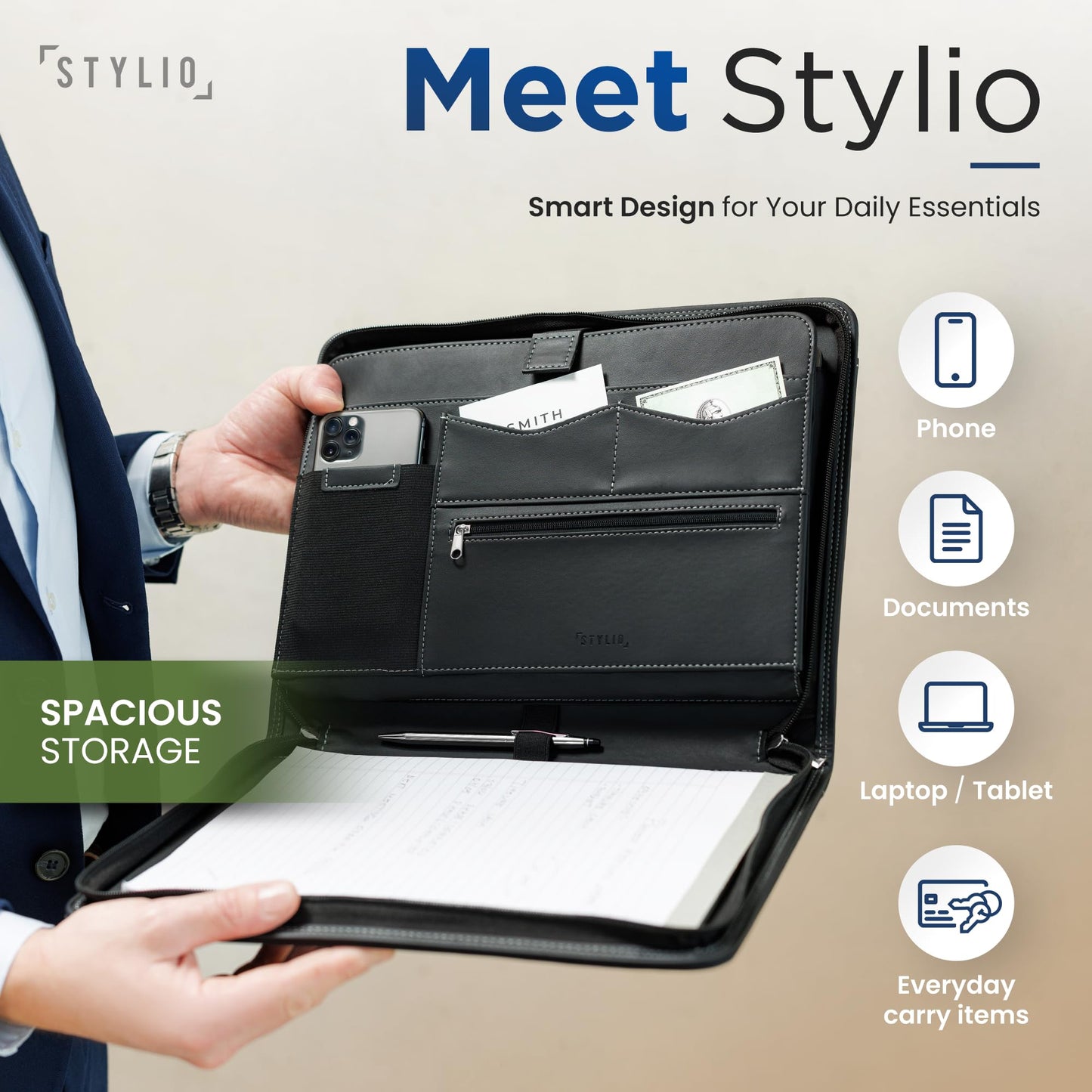 STYLIO Zipper Padfolio Portfolio Binder Organizer | Faux Leather Portfolio for Resume, Documents