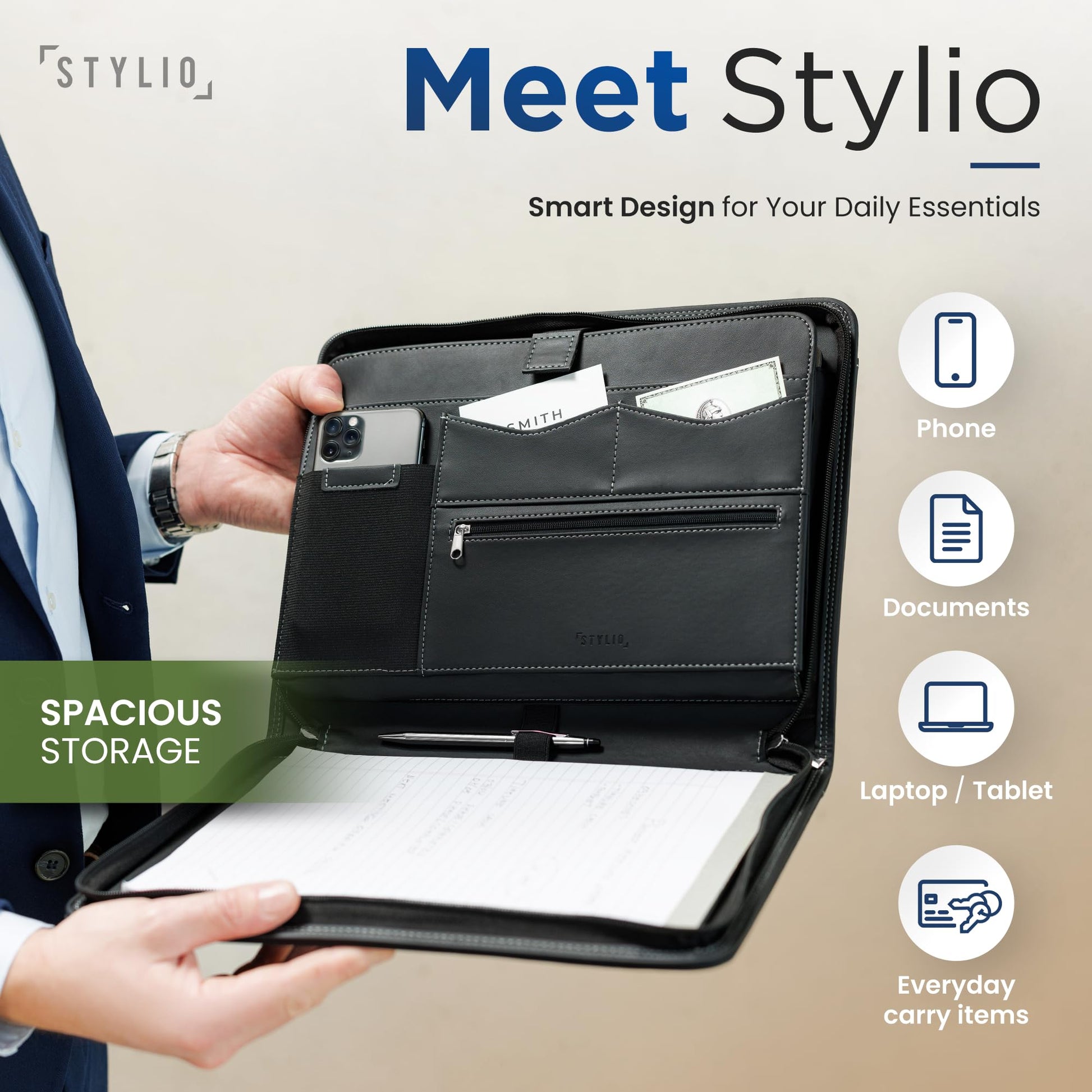 STYLIO Zipper Padfolio Portfolio Binder Organizer | Faux Leather Portfolio for Resume, Documents