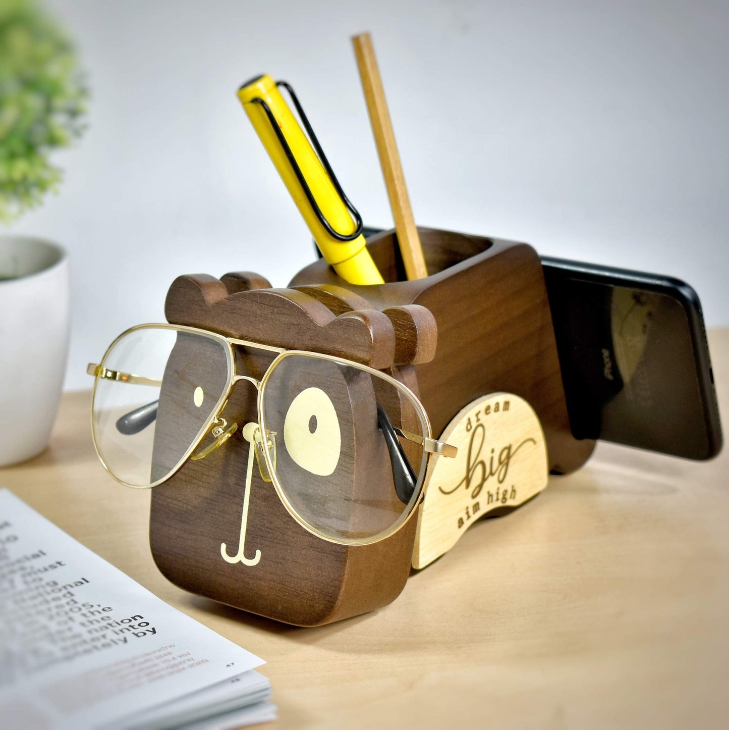 I'm Wood Multipurpose Eyeglass Phone Pen & Pencil Holder Stand Stationery Desk Organizer