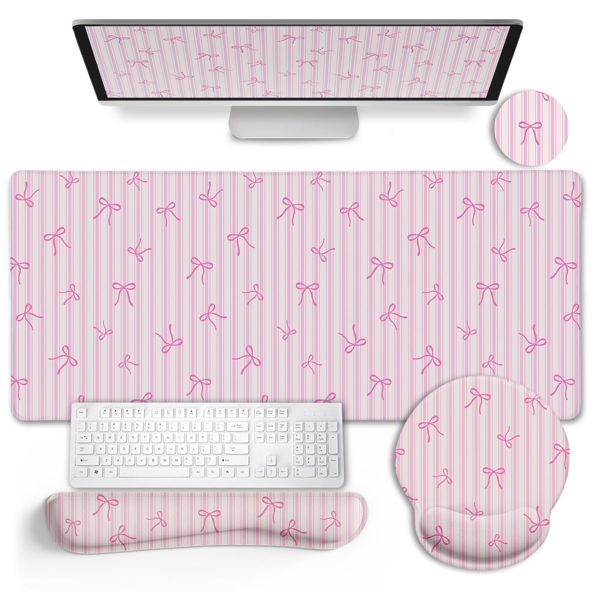 LIMKRIAN Pink Striped Mouse Pad Desk Mat Set, Cute Back to School Supplies