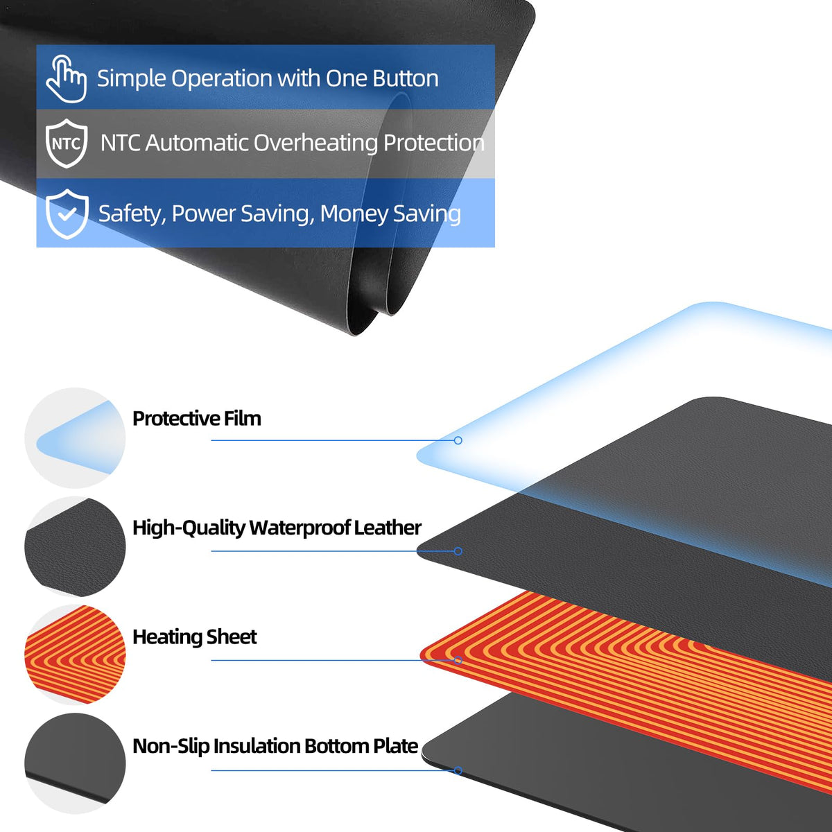 Heated Desk Pad Mouse Pad - Heated Desk Mat - Warm Desk Pad - 3 Levels Heating & 4 Hours Auto