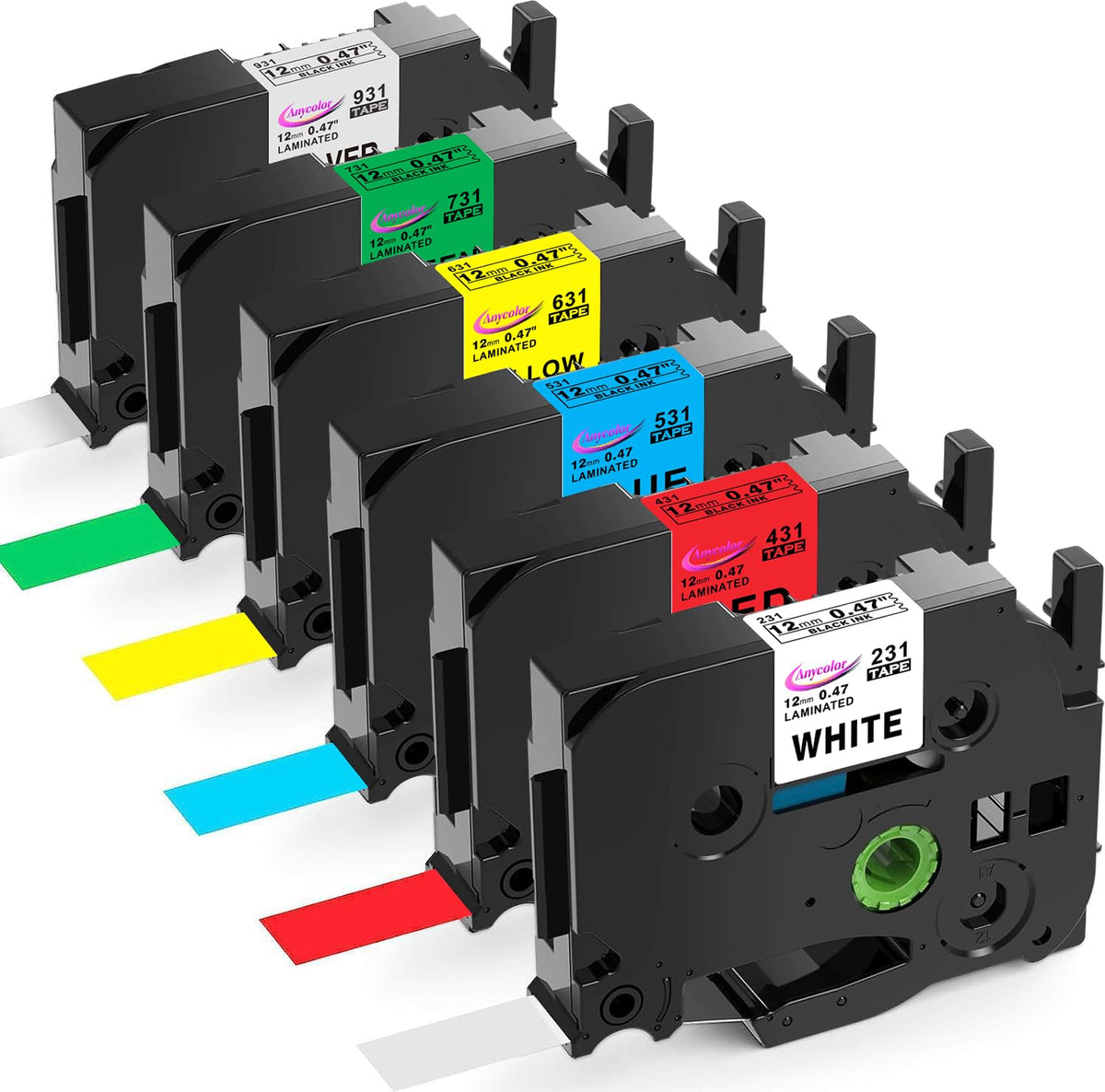 Anycolor 6 Pack Compatible with Brother P Touch 12mm 0.47 Inch Laminated