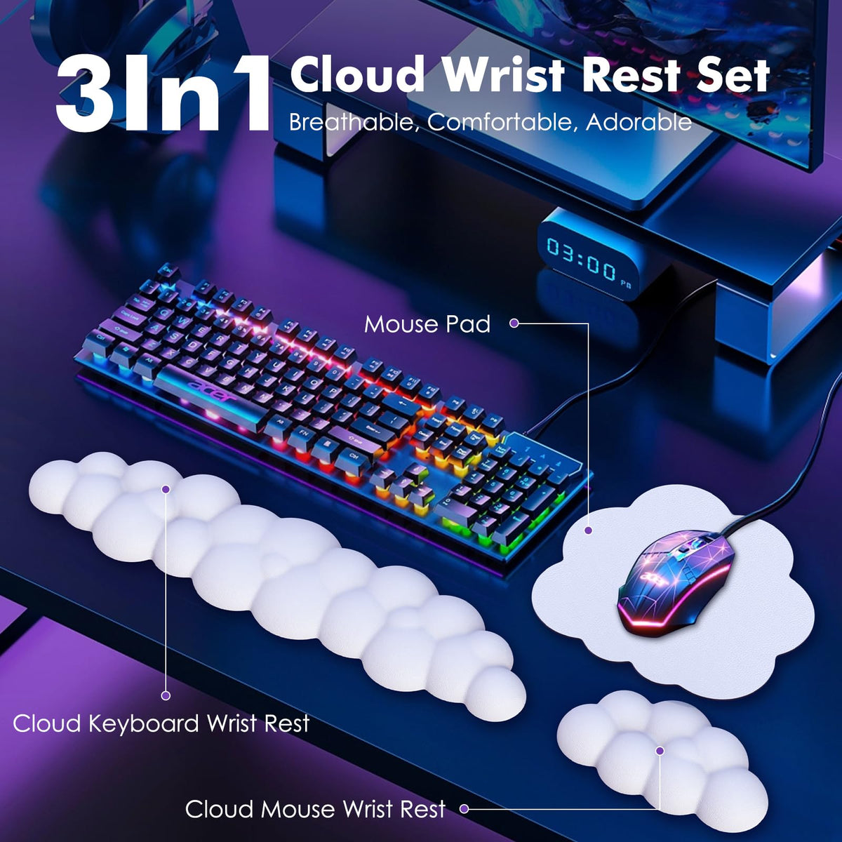 MoKo Cloud Wrist Rest for Keyboard and Mouse with Mouse Pad, White