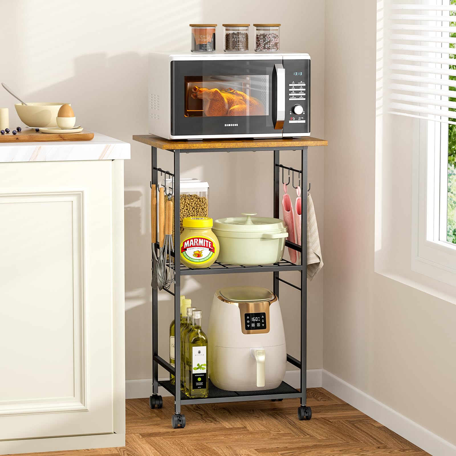 ThreeHio Rolling Kitchen Microwave Cart, 3 Tier Microwave Table Stand with Adjustable Shelf