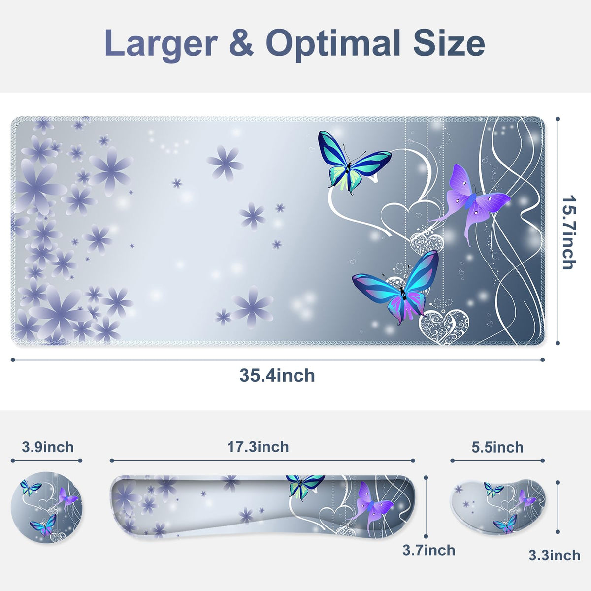 Cute Butterfly Desk Mat, Florals 4 in1 Large Gaming Mouse Pad Set, Ergonomics Keyboard Pad with