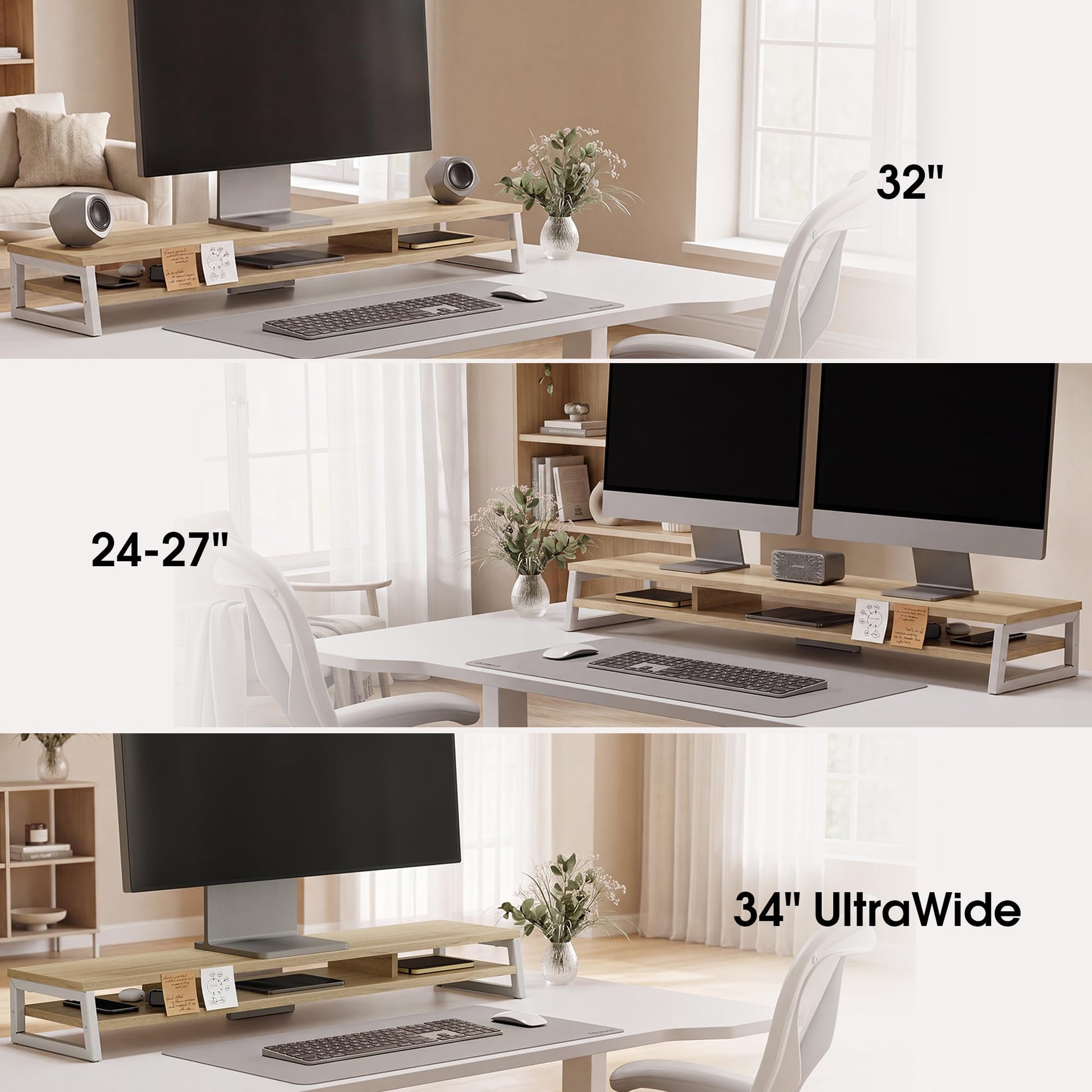 Fenge Dual Monitor Riser for Desk, Open Shelf with 3 Storage Compartments